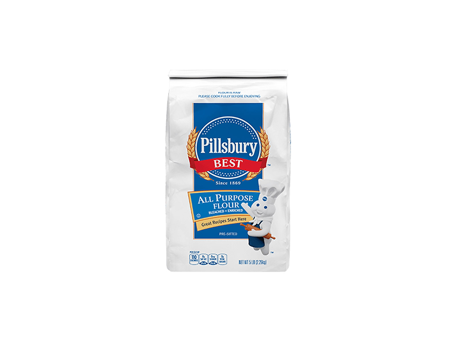 A bag of Pillsbury All-Purpose Flour standing upright against a clean white background. The packaging features the Pillsbury Doughboy mascot and branding, emphasizing its versatility for baking.
