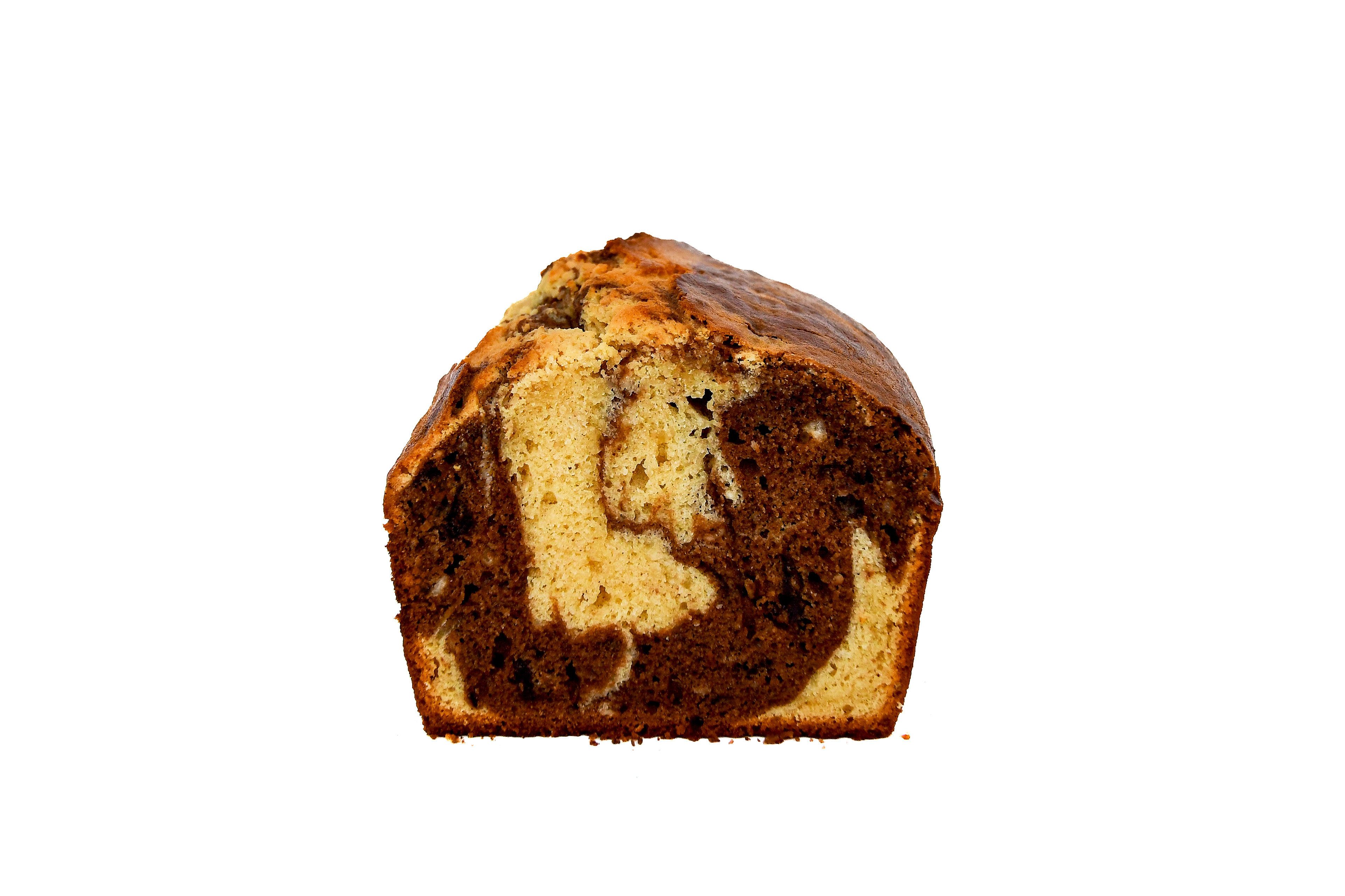 A freshly baked marble cake with a perfect swirl of vanilla and chocolate, sliced to reveal its moist, buttery texture.