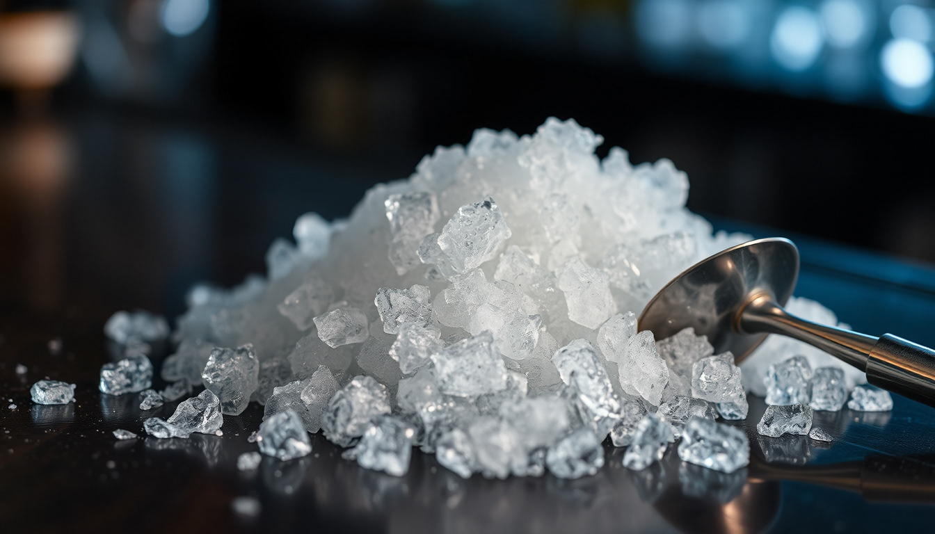 Crushed ice scattered across a bar counter with a metal bar shovel resting nearby. The shiny surface of the bar reflects the ice, and the shovel is positioned as if ready to scoop. The scene captures the preparation of cocktails, with the textured ice and tools evoking a fresh and cool atmosphere