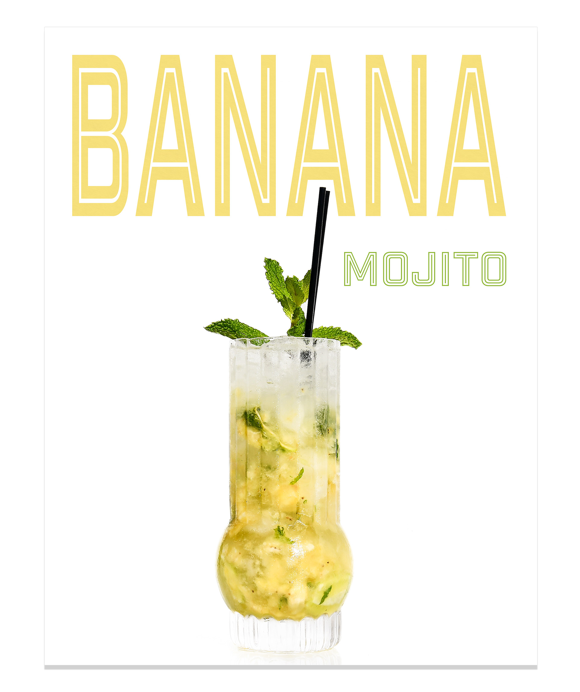 A vibrant banana mojito in a tall glass, garnished simply with fresh mint leaves, displayed on a clean white background. The golden drink's smooth texture and mint garnish make it visually striking, letting the cocktail speak for itself.