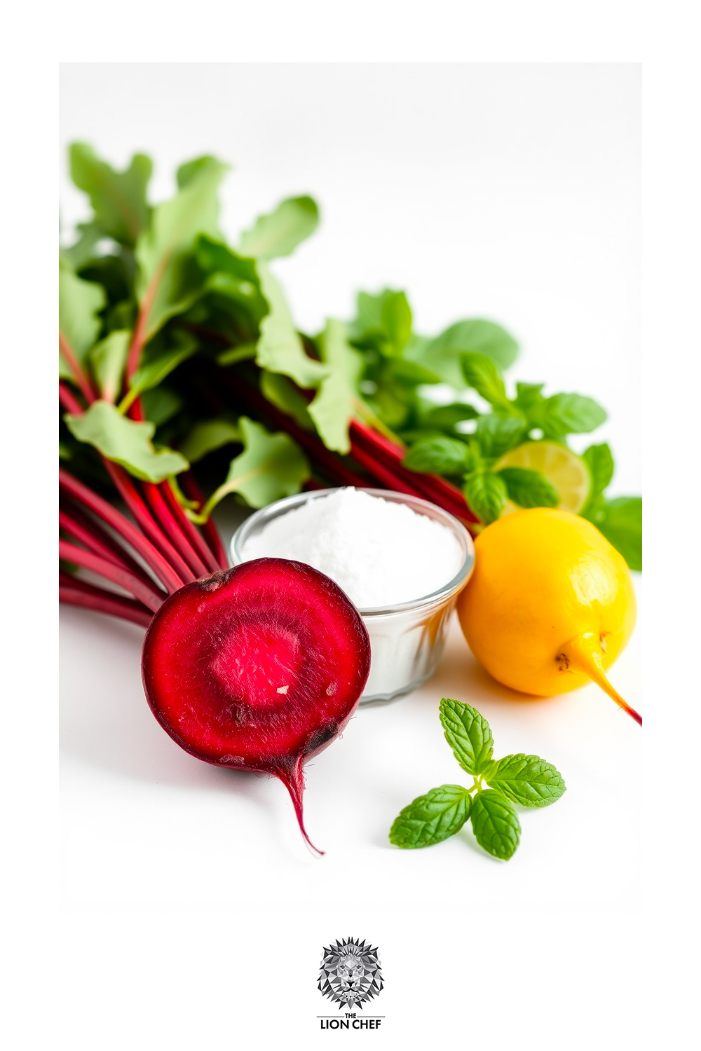 A clean white background showcasing key ingredients for beet mojitos: a red beet and a yellow beet, accompanied by a small pile of sugar and fresh mint leaves. The vibrant colors of the beets contrast with the simplicity of the white backdrop, emphasizing the natural ingredients used for the cocktails.