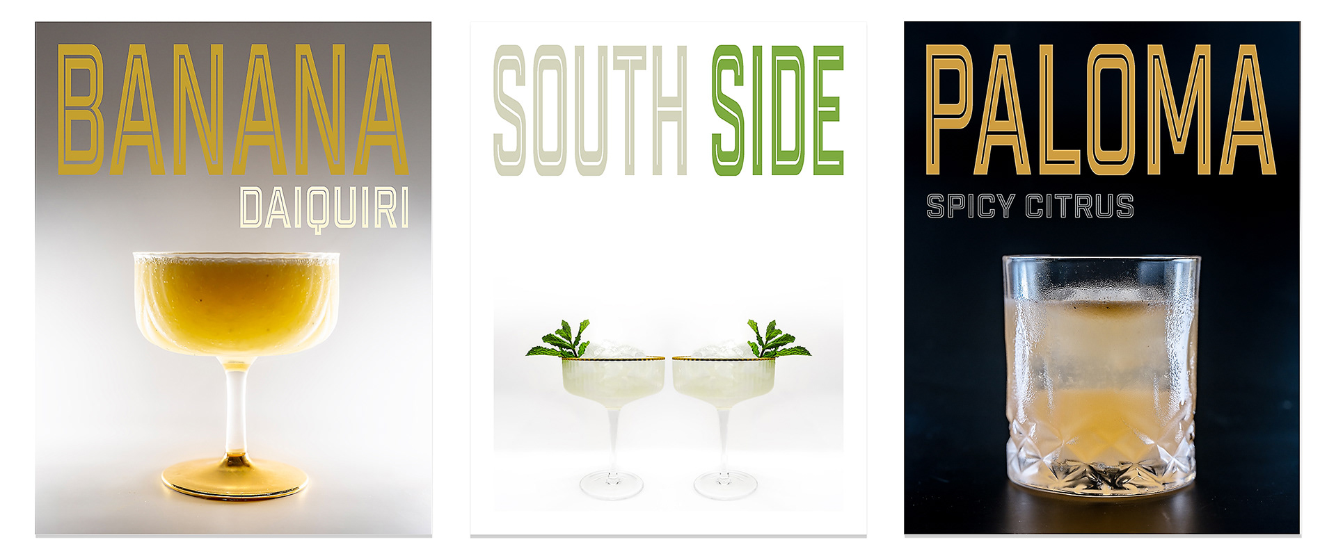 A side-by-side display of three magazine-style cocktail covers. The Banana Daiquiri on a gradient black, white, and gray background in a chilled coupe glass; the Spicy Citrus Paloma on a dramatic black background with its vibrant pink hues; and the Southside cocktail on a clean white background, garnished with a single mint leaf in a coupe glass. The trio showcases the sleek, modern design and bold photography of the mixology book.