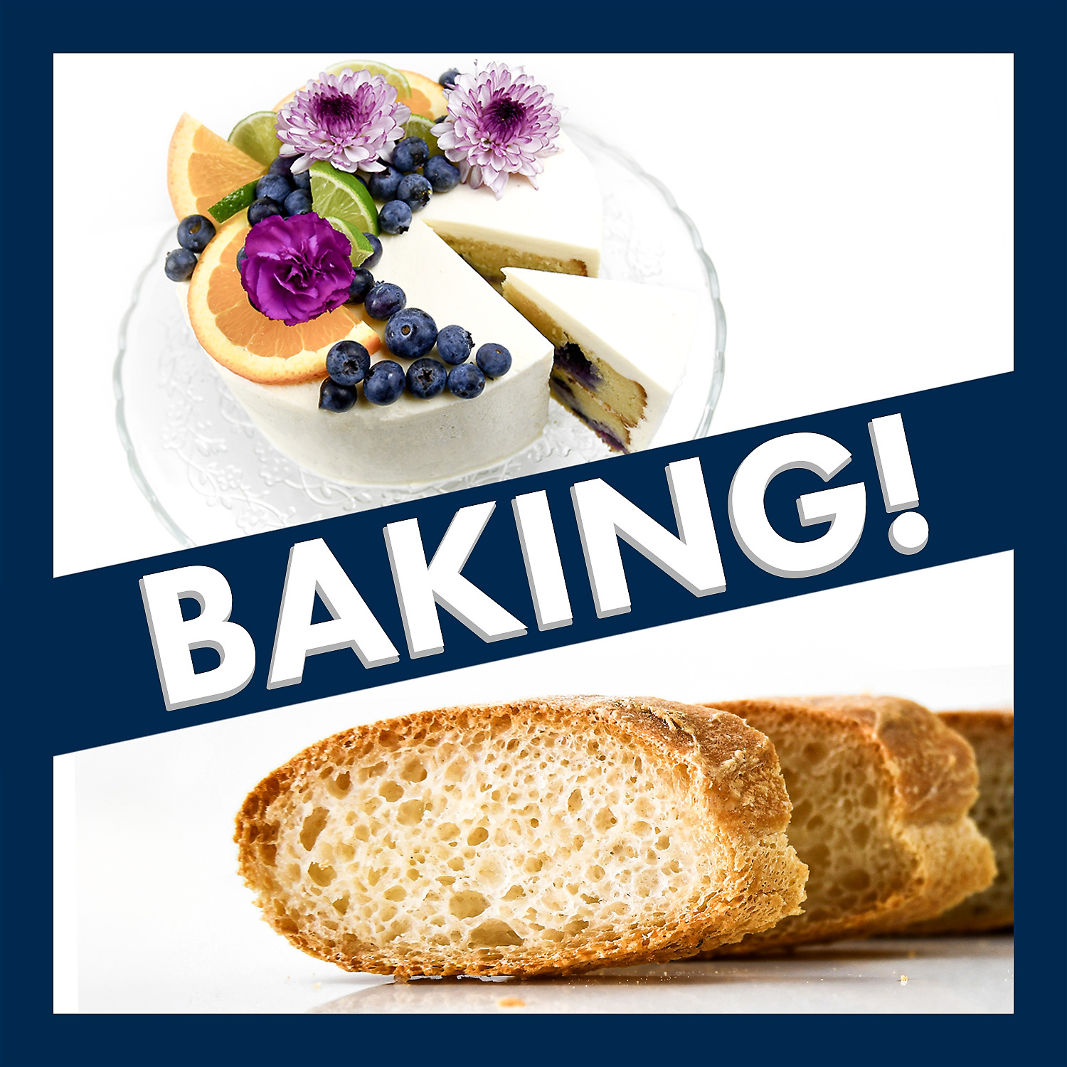 A beautifully decorated blueberry layer cake with fresh blueberries on top, placed next to a golden, crunchy baguette. The word 'BAKING' is displayed between them, representing the category for baked goods, including breads, cakes, and desserts.