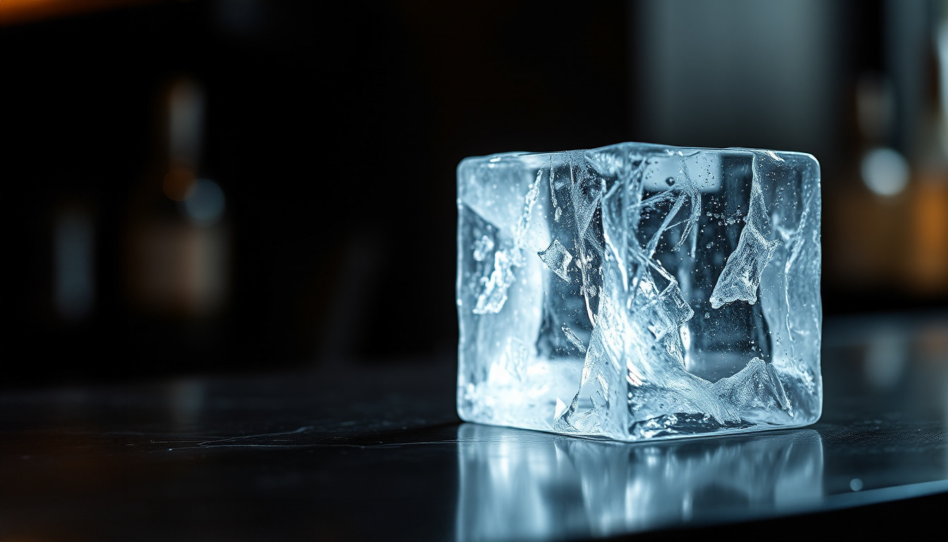 A large, perfectly clear ice block sits on a bar counter, gleaming under soft lighting. The smooth, transparent ice contrasts against the dark surface, showcasing its purity and craftsmanship. The minimalist setting emphasizes the ice block's pristine clarity, highlighting its use in upscale cocktail preparation.