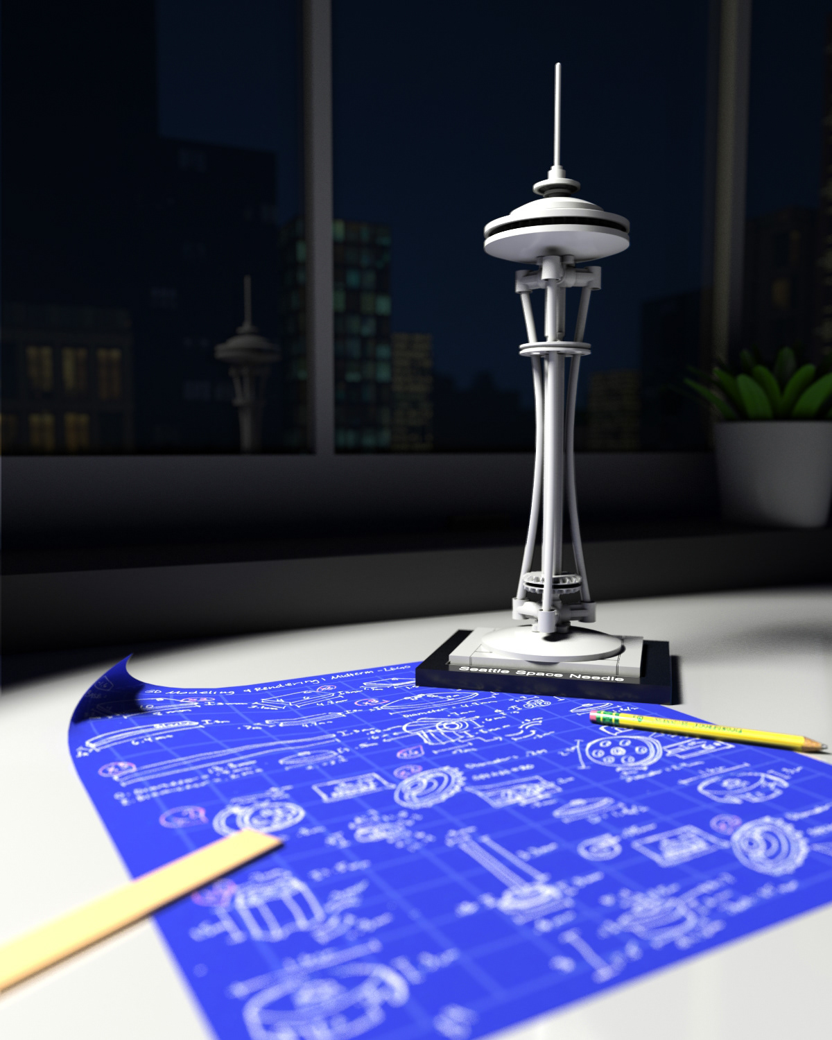 Final Rendered Image of the Seattle Space Needle Lego Edition in Autodesk 3Ds Max.