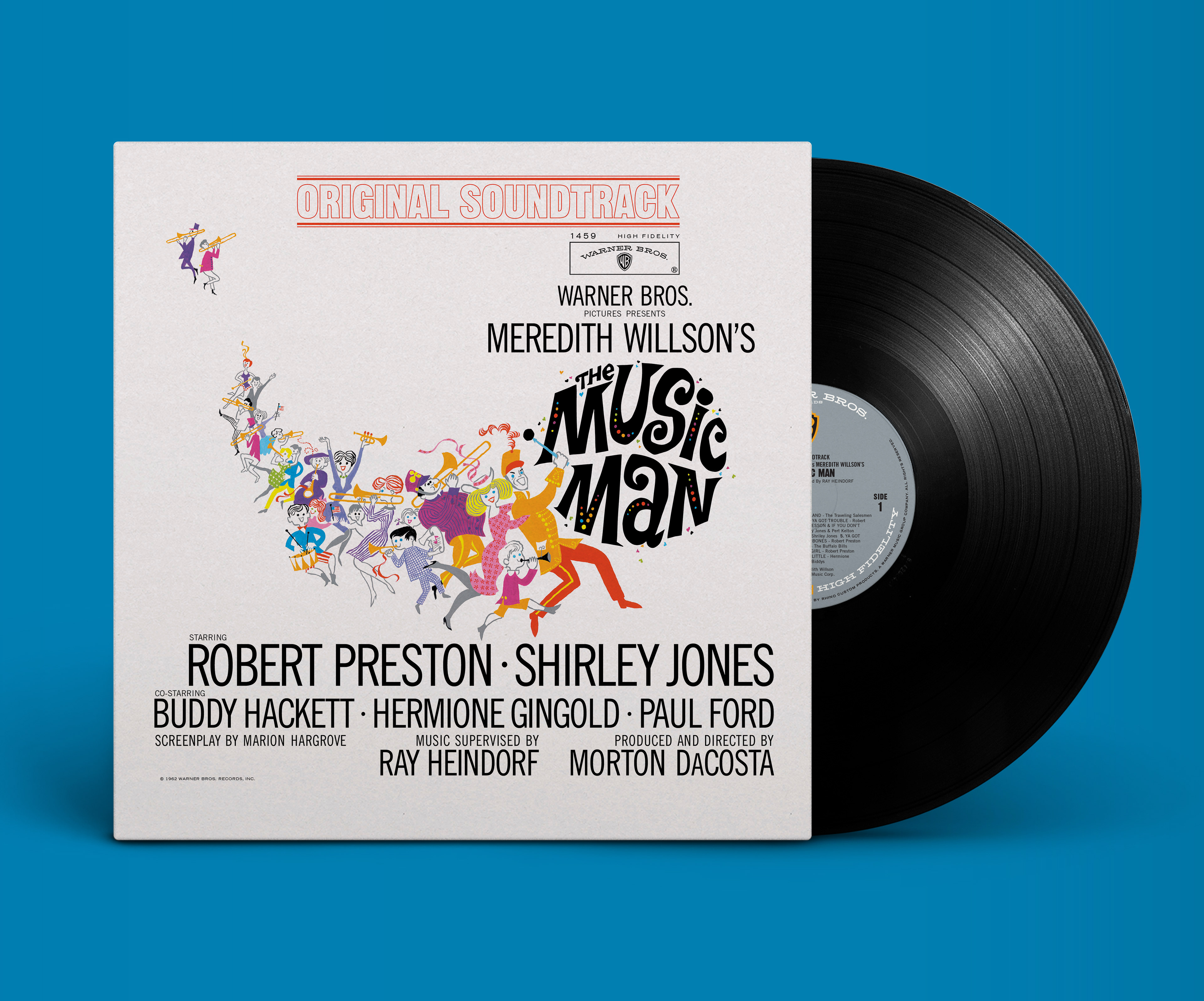 The Music Man Original Soundtrack LP art recreation: illustration restoration and recoloring from original art board archives, typesetting and production files