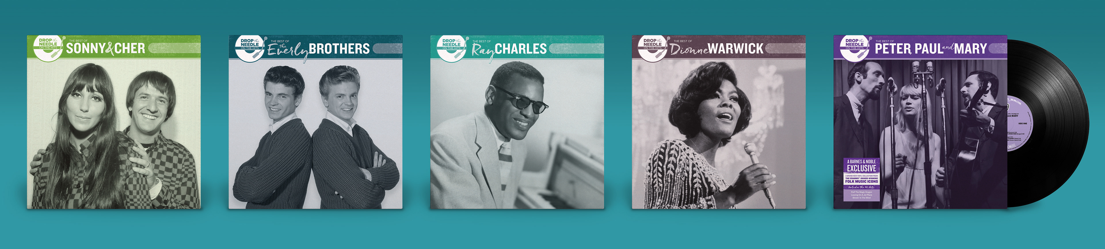 Drop The Needle On Hits: A 22 artist title series created as an exclusive vinyl LP line for Barnes & Noble. Other artists include: KC & The Sunshine Band, Frankie Valli, Sam & Dave, Booker T & The MGs, Gordon Lightfoot, The Blues Brothers and more.