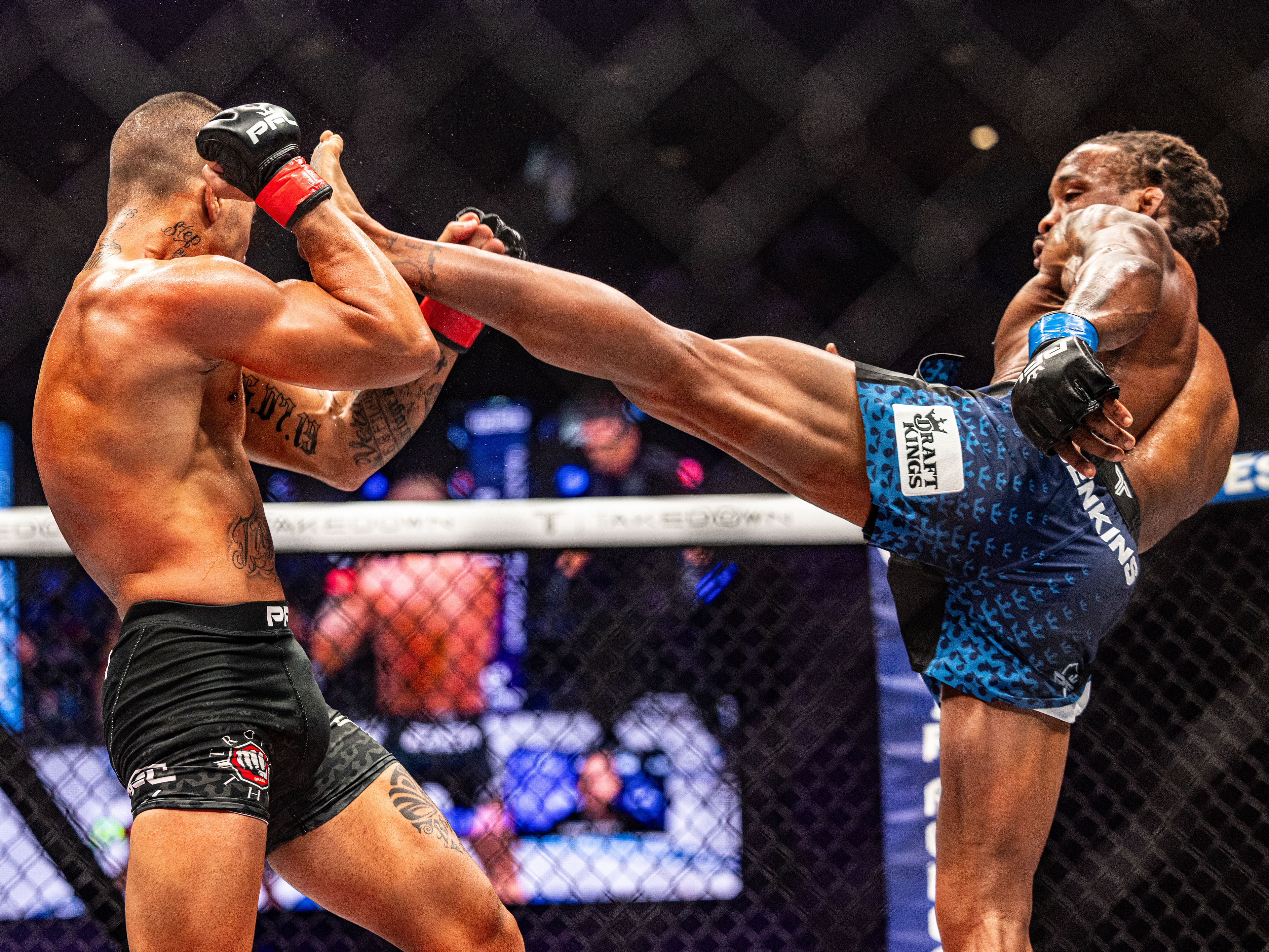 Bubba Jenkins lands a powerful head kick on Gabriel Braga during a Professional Fighters League event at the Sanford Pentagon in Sioux Falls on June 28, 2024.