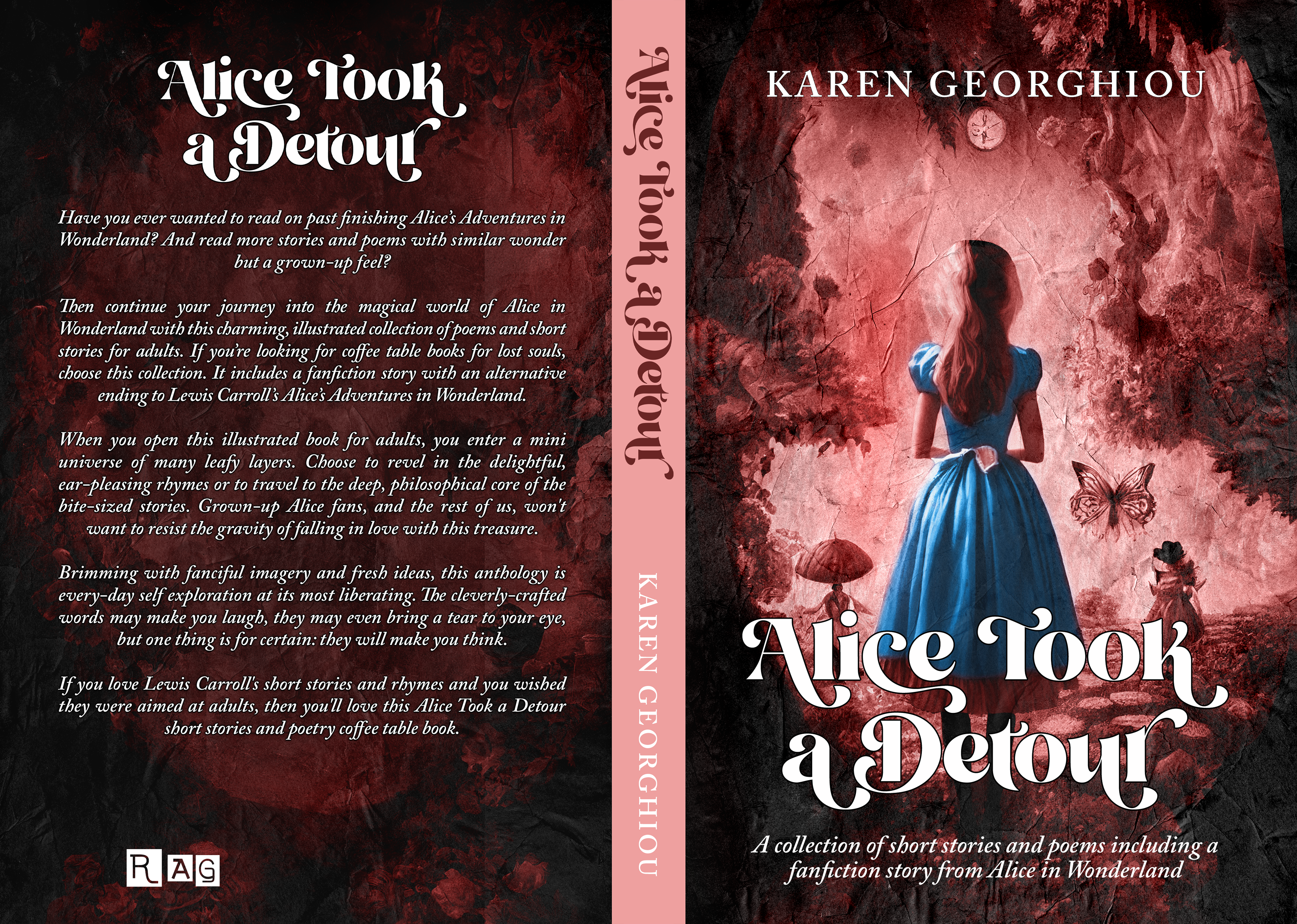 Print spread design for "Alice Took A Detour" by Karen Georghiou