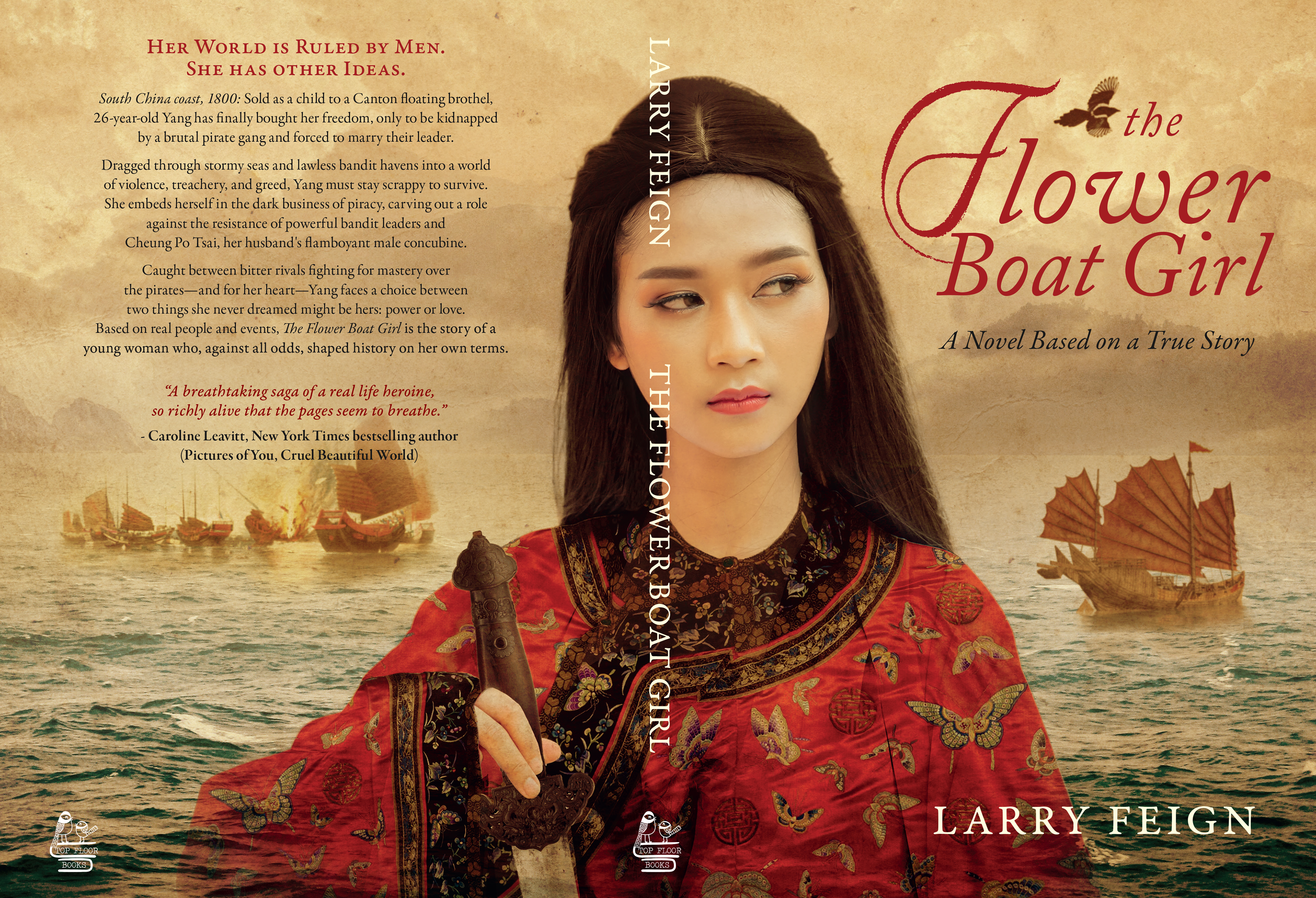 Print spread design for "The Flower Boat Girl" by Larry Feign