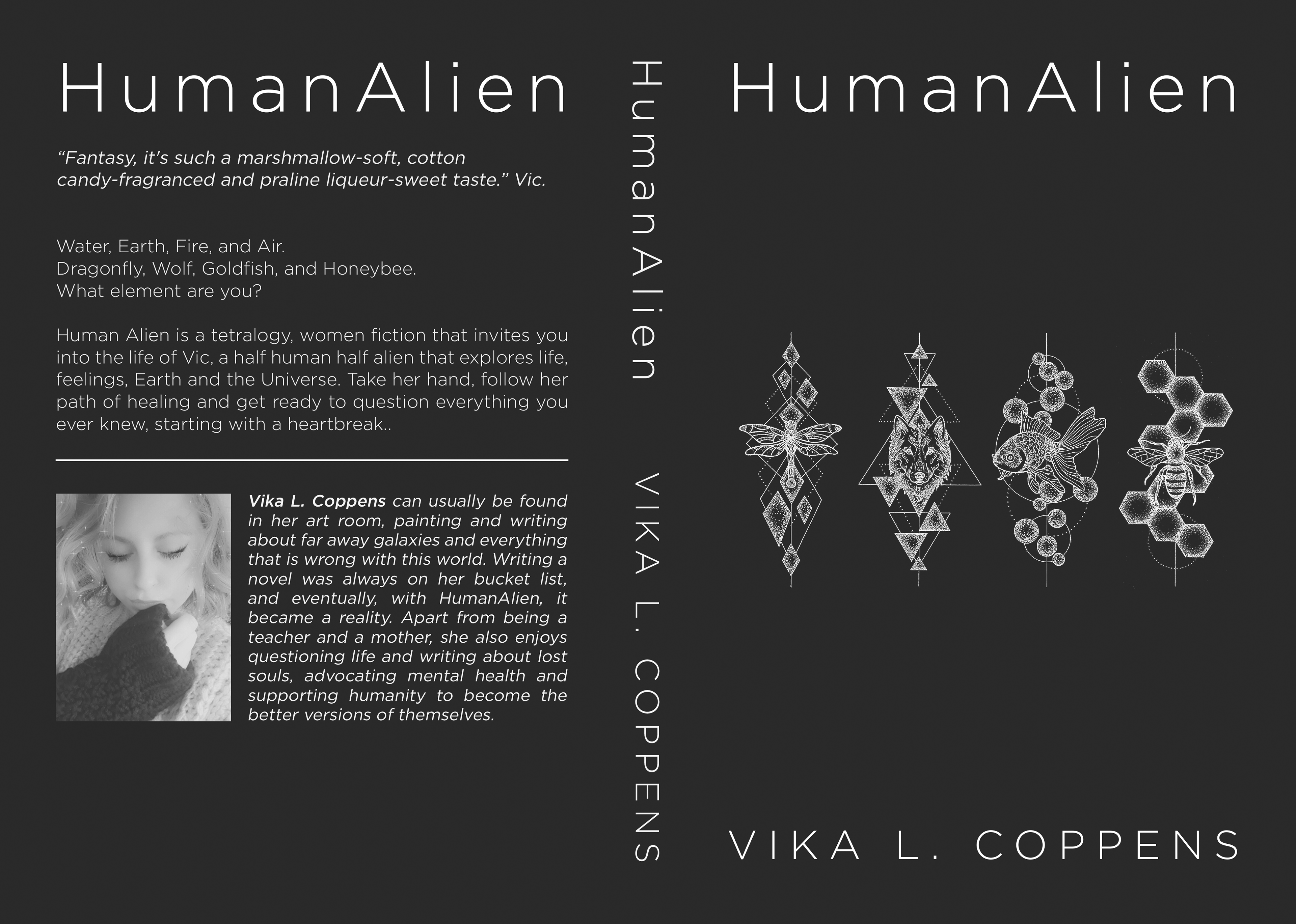 Print spread design for HumanAlien by Vika L Coppens