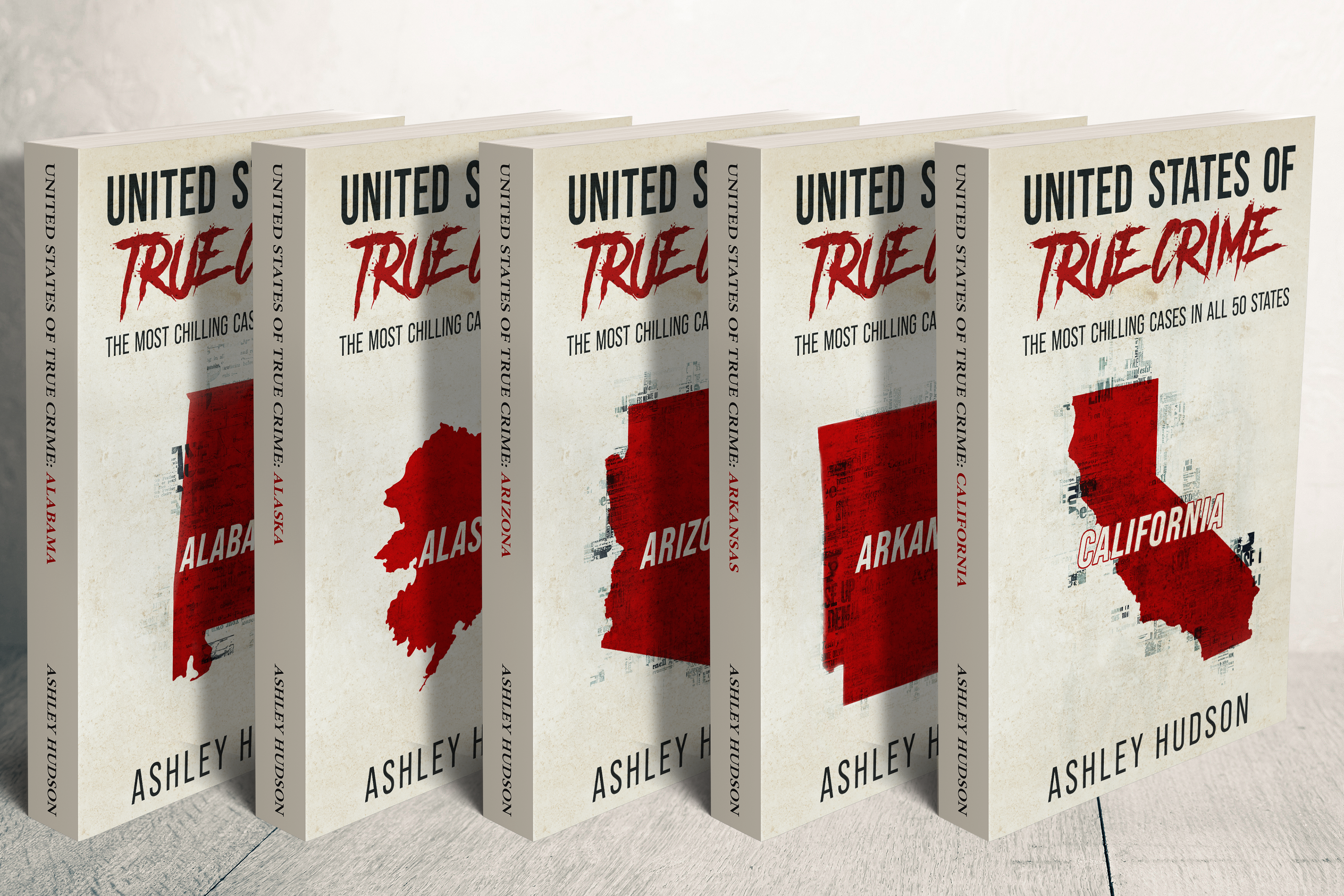 Individual book cover designs for the United States of True Crime series by Ashley Hudson