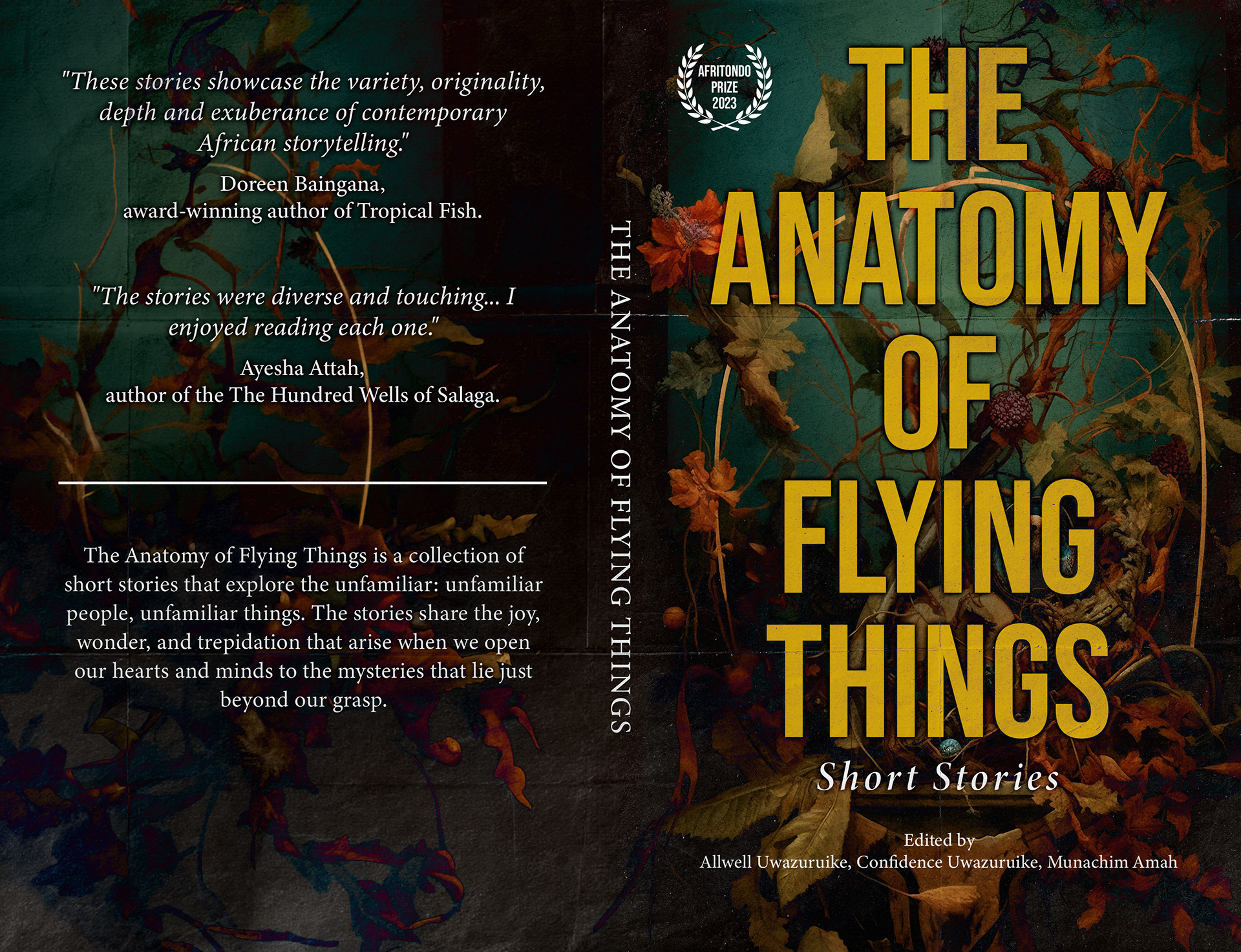 Full print spread design for a collection of short stories "The Anatomy of Flying Things"