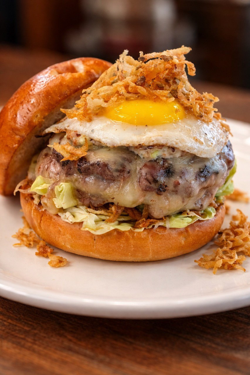 The Chosen Juan - CRAVE - Juicy burger stuffed with Swiss cheese, topped with bacon aioli, over easy eggs and crispy fried hash browns, on a brioche bun. Served with a side of fries.