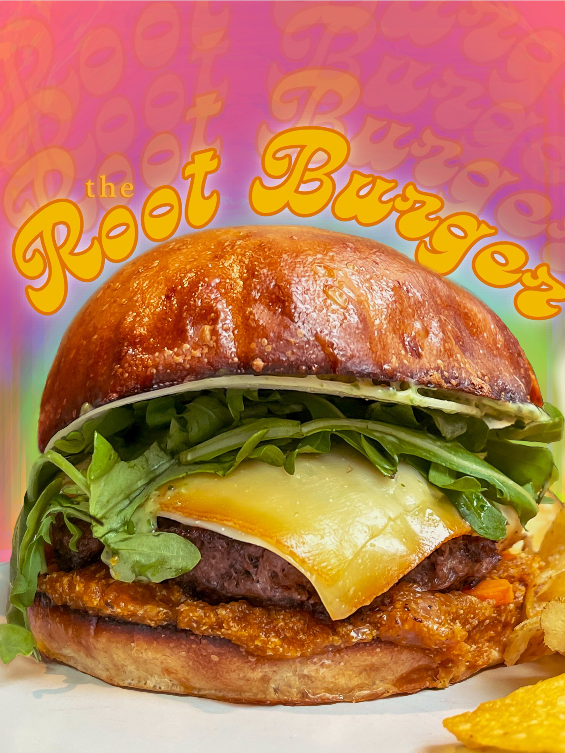 The Root Burger - North End Bakery & Deli - This burger features the winter roots cooked and raw that provide a variety of flavors and textures. Butter confit golden beets with ginger fresno chili pickled carrots. A five ounce patty topped with melted midnight moon goat cheese, fresh turnips, arugula, and a beet top aioli. Everything on a house made brioche bun.