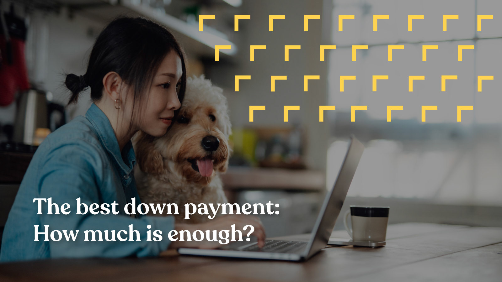 Young Asian woman using laptop next to her dog, sitting at dining table at home. Work life balance. Living with a pet. Online shopping at home.