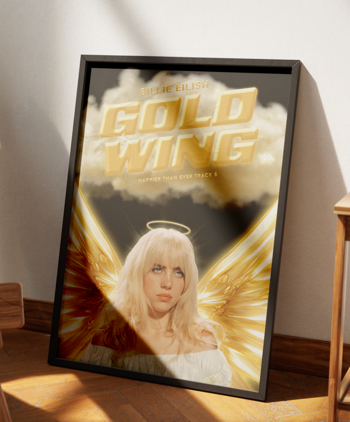 A song poster designed in photoshop for Billie Eilish's song GOLDWING.