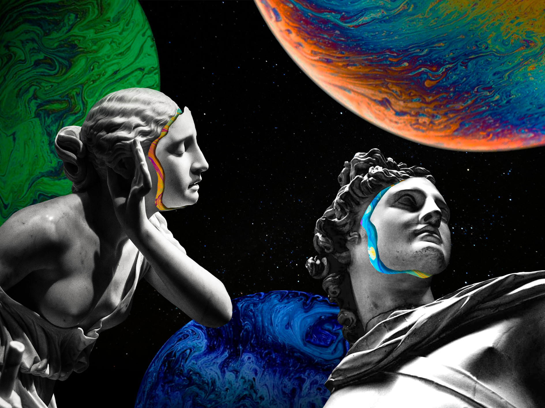 Photoshop collage experimenting with colour, lighting, and texture combinations.