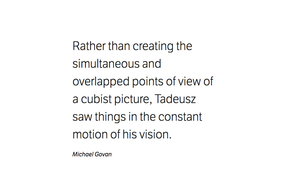 Zitat von Michael Govan: Rather than creating the simultaneous and overlapped point of view of a cubist picture, Tadeusz saw things in the constant motion of his vision | Buch zur Ausstellung »Studio, Works by Norbert Tadeusz«