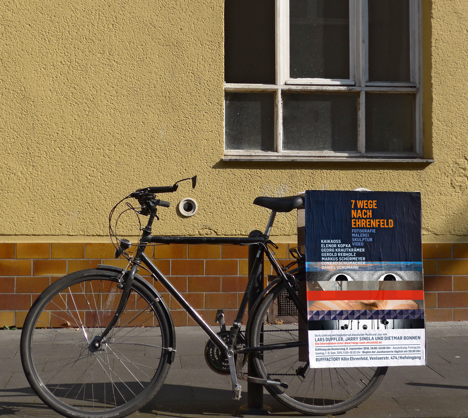 Plakat für die Kunstausstellung »7 Wege nach Ehrenfeld« als Werbefläche am Fahrrad | berensdesign