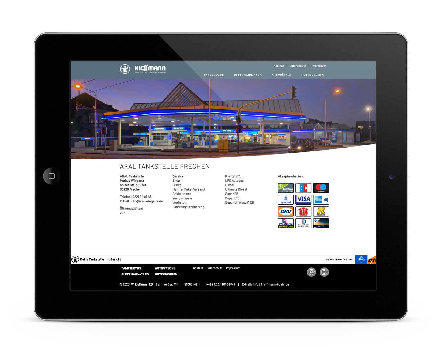 Website der Kleffmann KG, Aral Tankstelle Standort Frechen | berensdesign