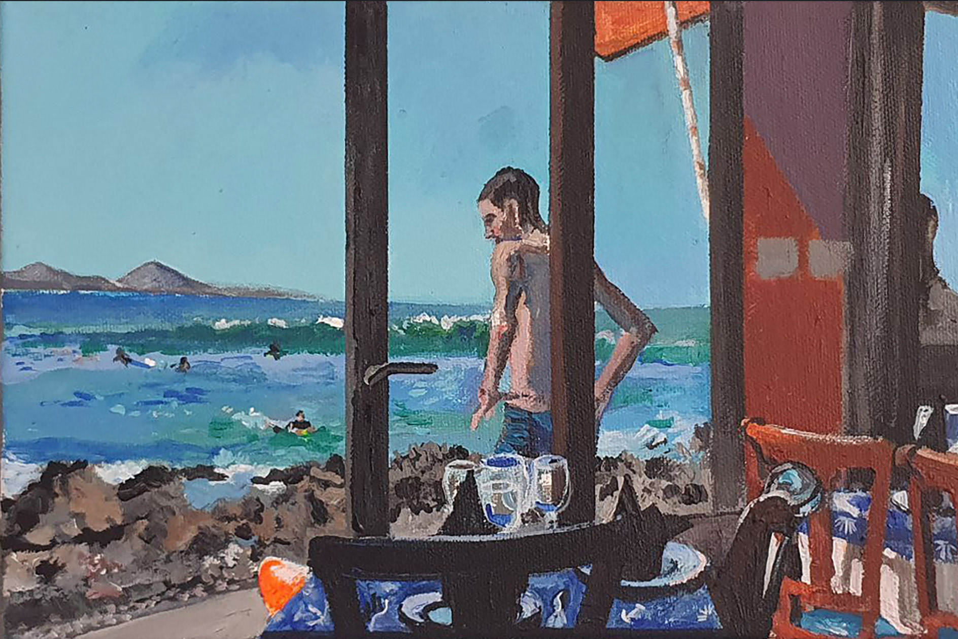 Surfers through window of La Marinara Restaurant, La Puntilla