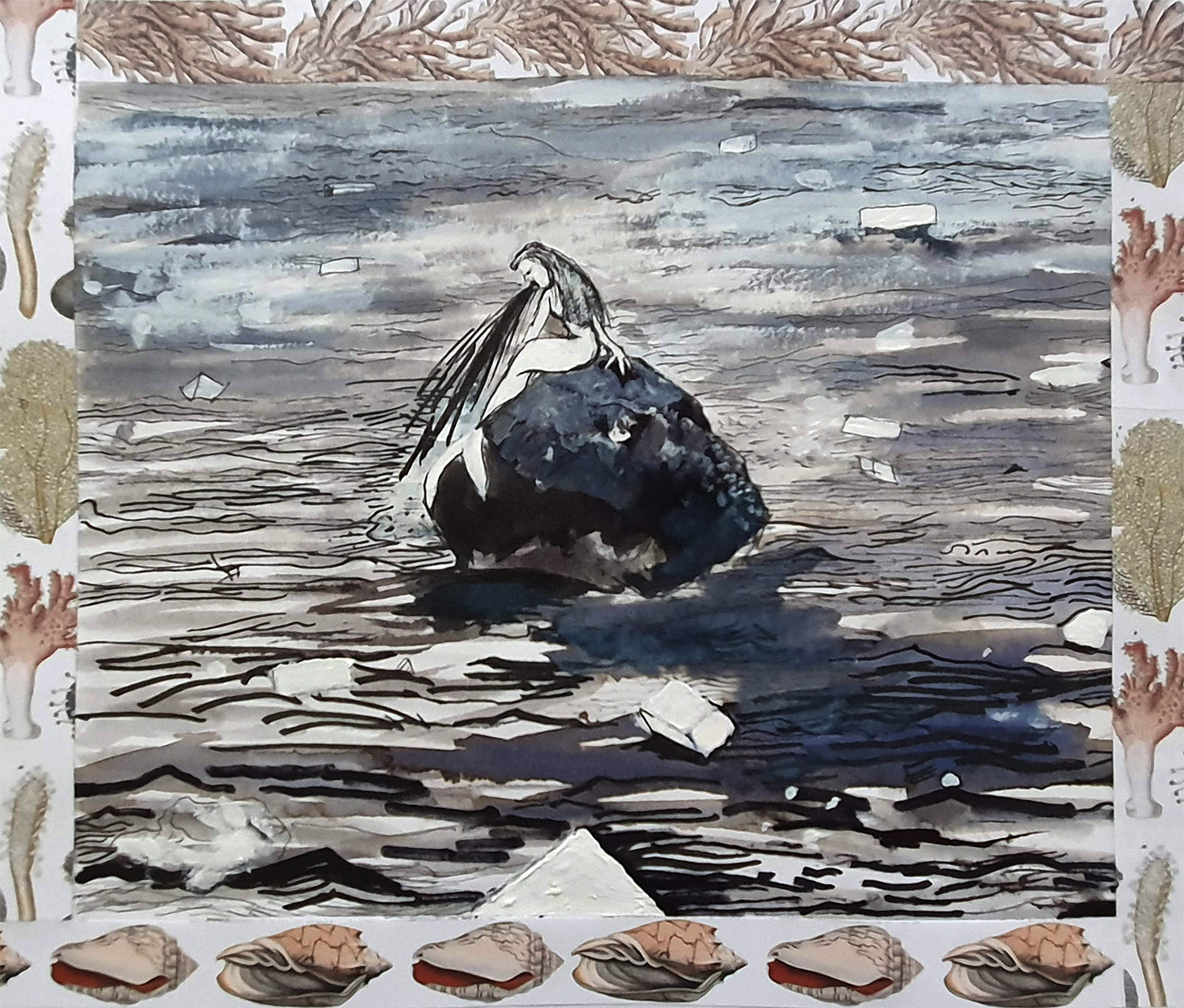 Vomiting mermaid on rock