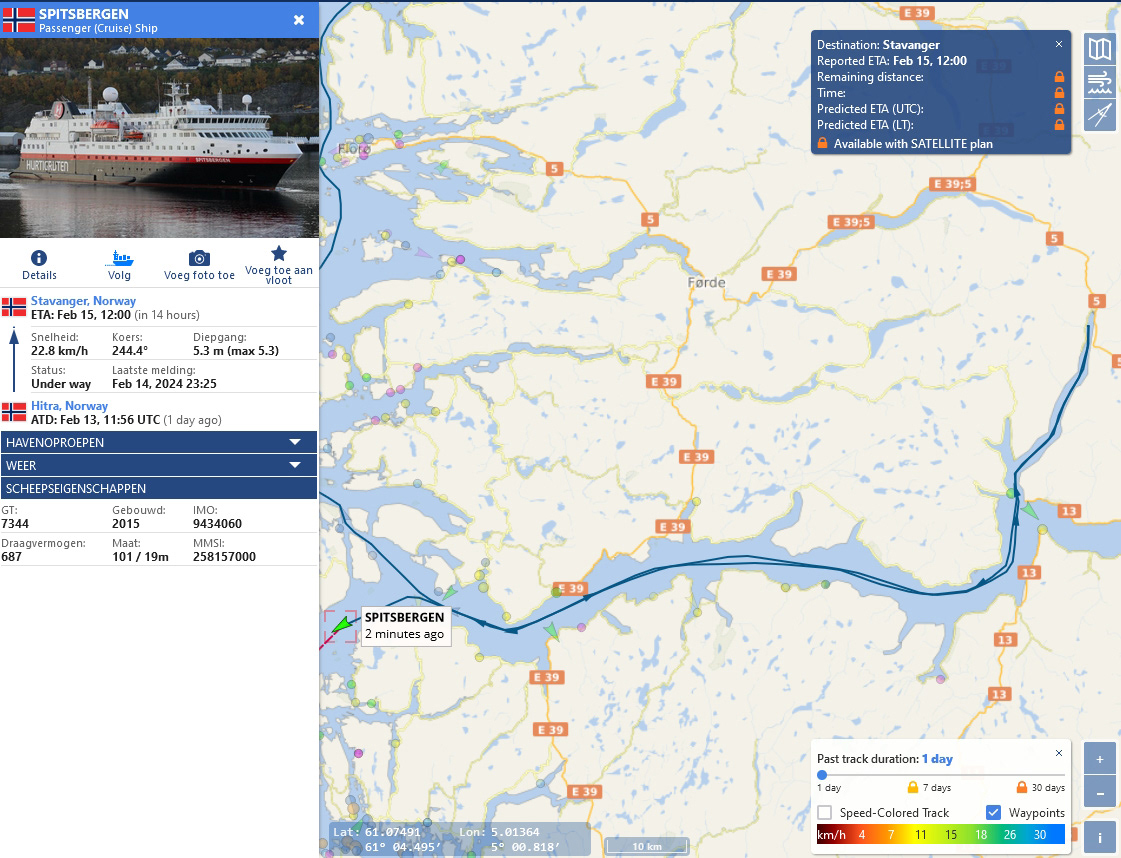 afgelegde route in het Sognefjord