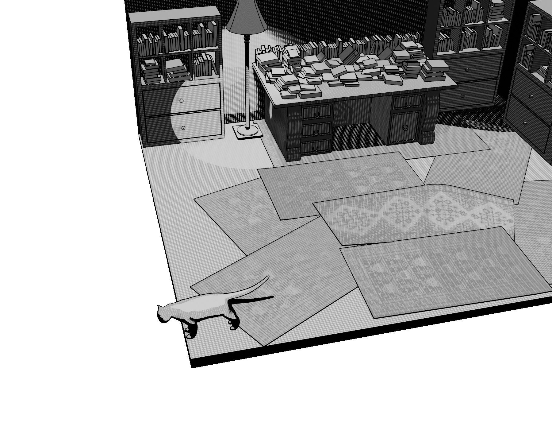 Black and white cgi art of a cat in a messy room of books and carpets stares out into a white abyss