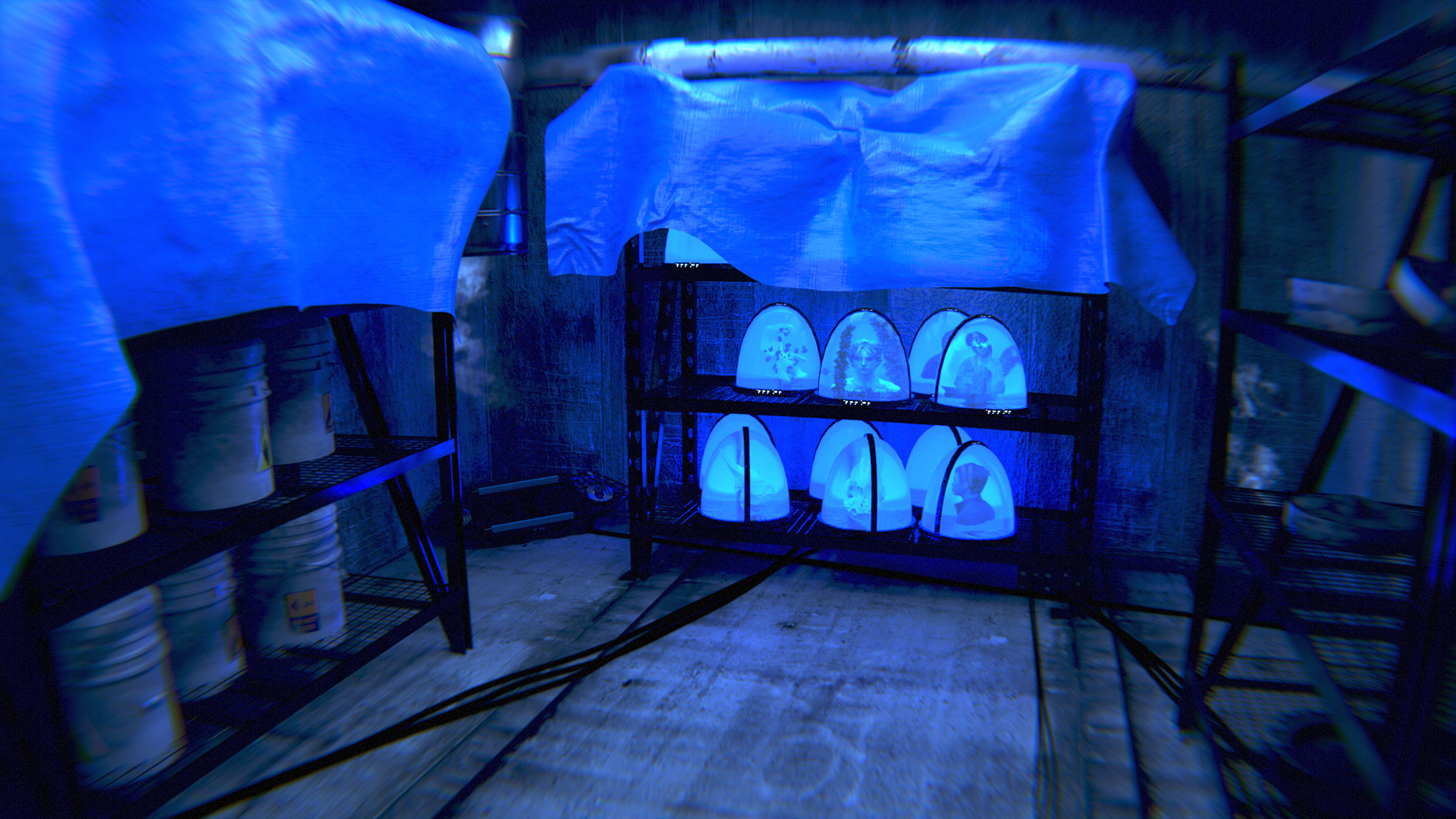  3 metal racks in a dark basement room with pipes and wires. Left rack has buckets and a tarp, middle rack has people and bones in sci-fi incubators and a tarp, right rack has sci-fi looking objects.