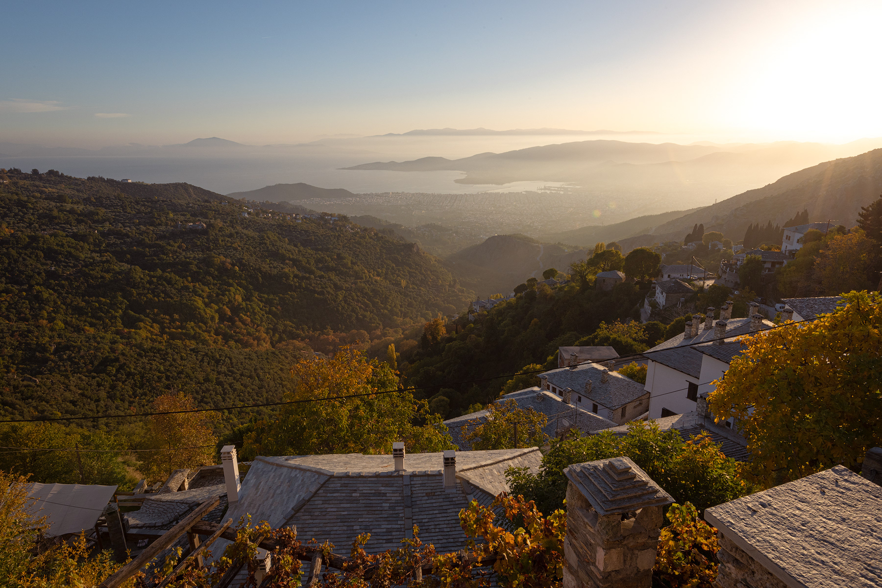 The village of Makrinitsa with the city of Volos in the distance