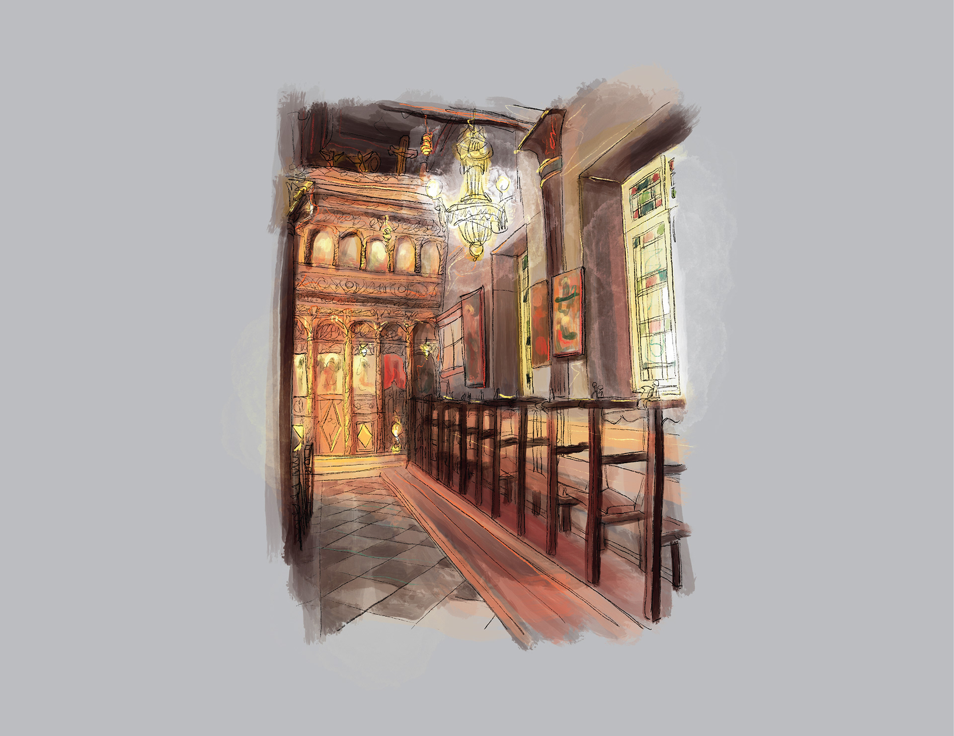 Hand-sketch of the south aisle and iconostasis