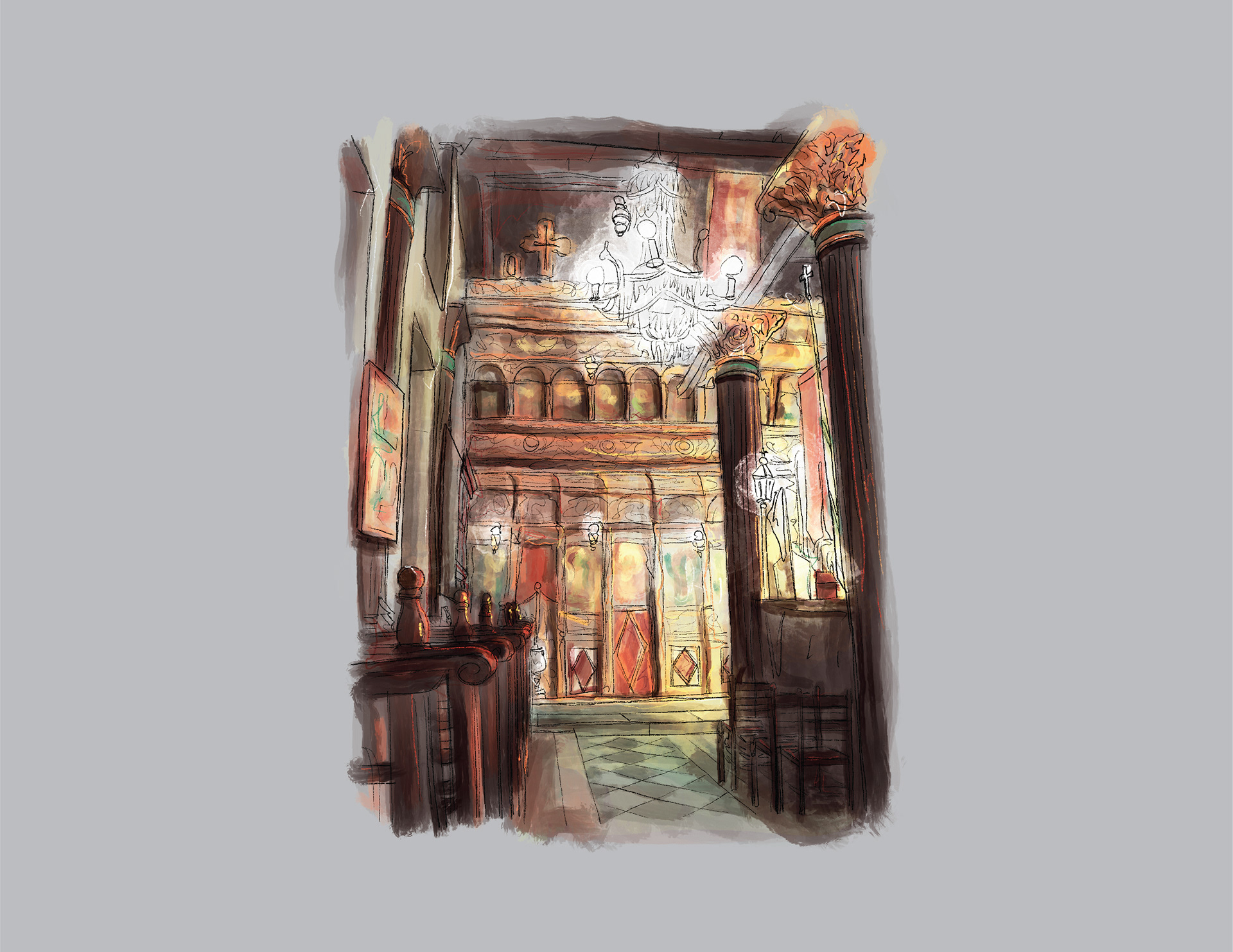 Hand-sketch of the north aisle and iconostasis