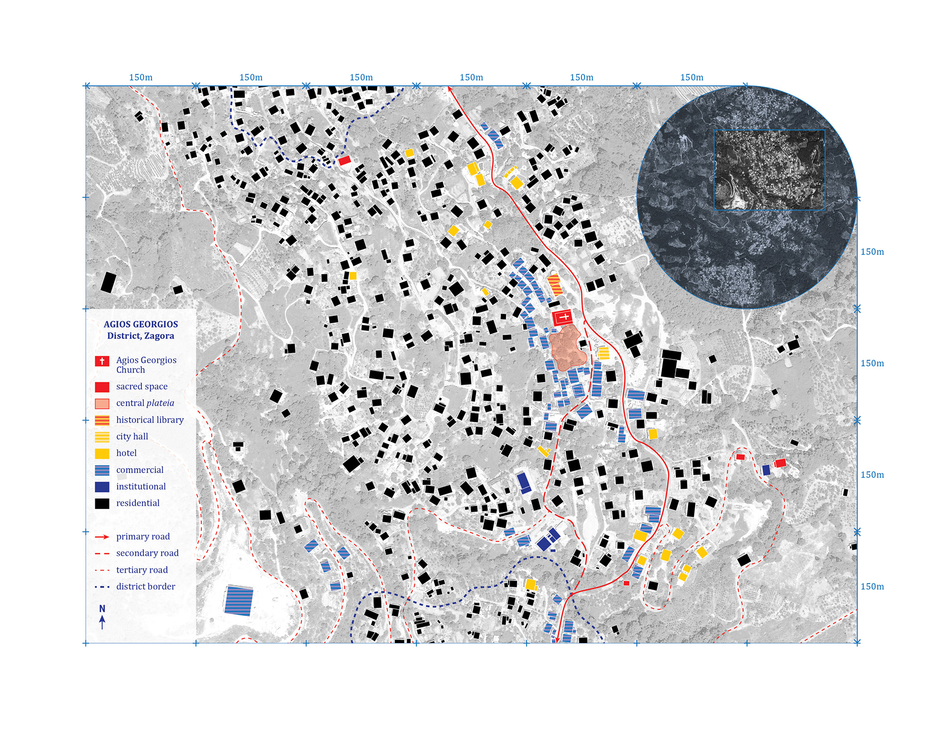 Programmatic and circulation map of Zagora's Agios Georgios district