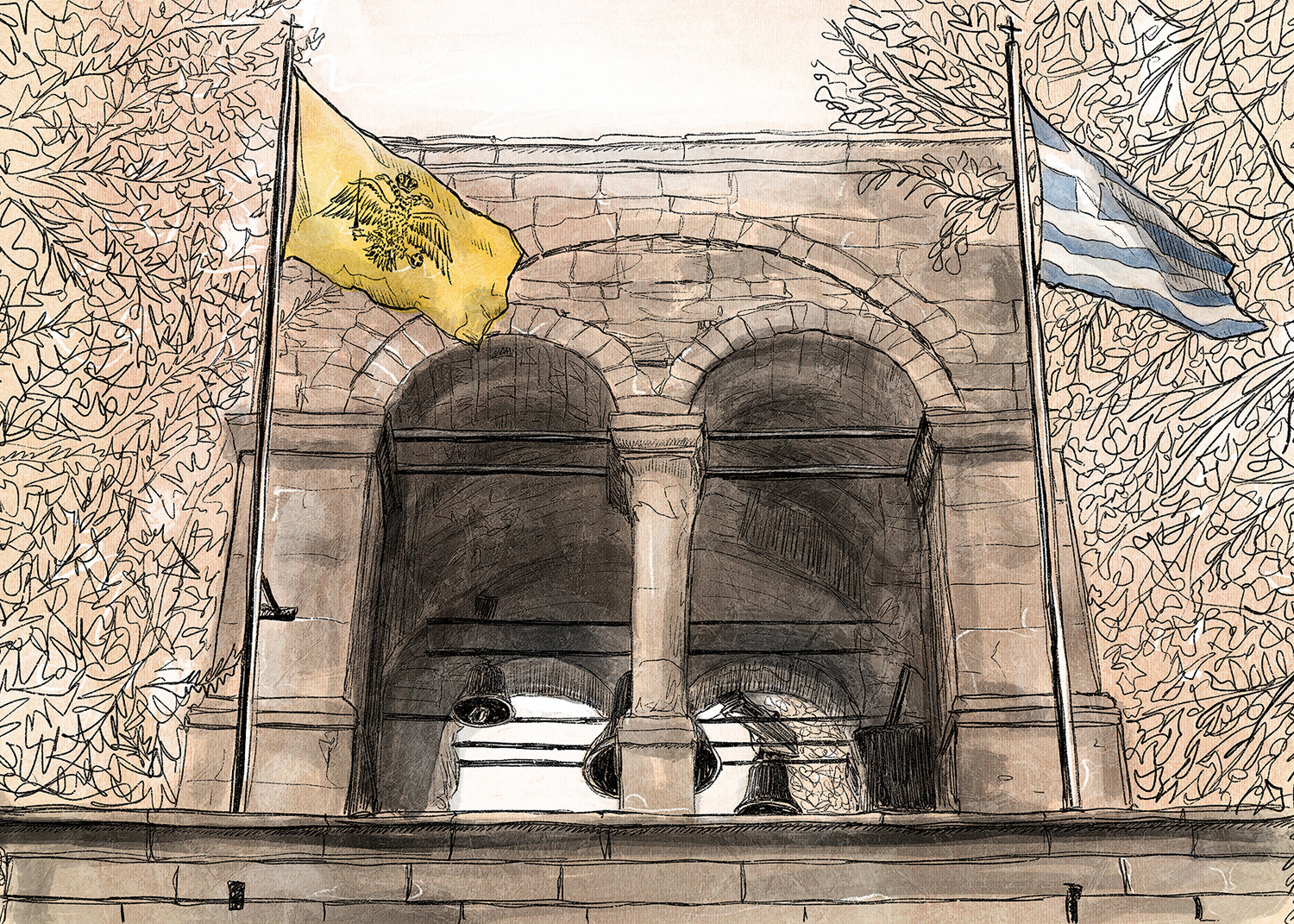 Hand-sketch of the belltower leading to Agios Georgios Church flying the official flags of Greece and the Orthodox Church