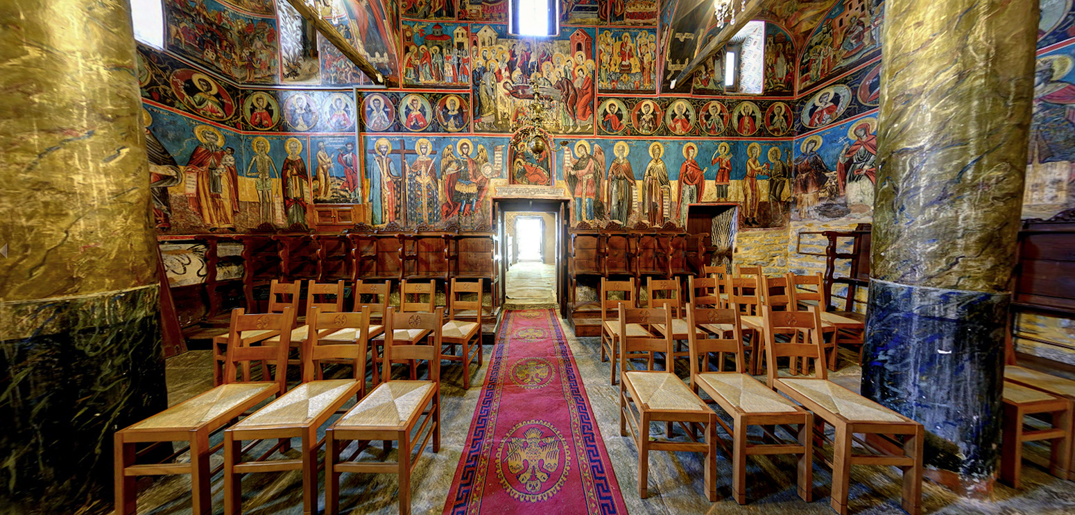 View from the nave to the narthex in Pammegiston Taxiarchon Church, Milies