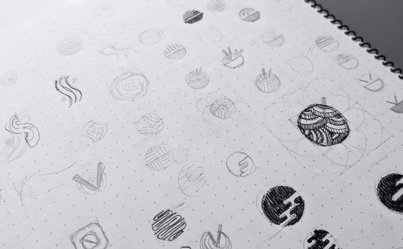 Sketches on paper for Cocoro restaurant brand