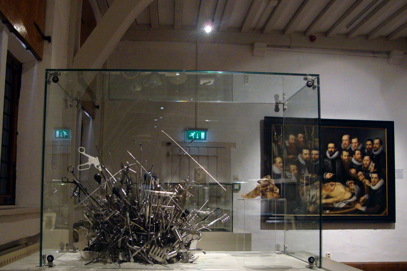 Instruments for Longevity  in Museum Prinsenhof, in the background The Anatomy Lesson of Dr. Willem van der Meer by Michiel Jansz. van Mierenveldt.