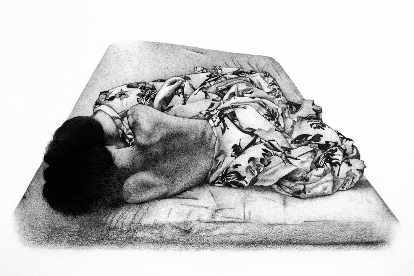 Bed 3. Graphite on paper, 30 x 40 cm.