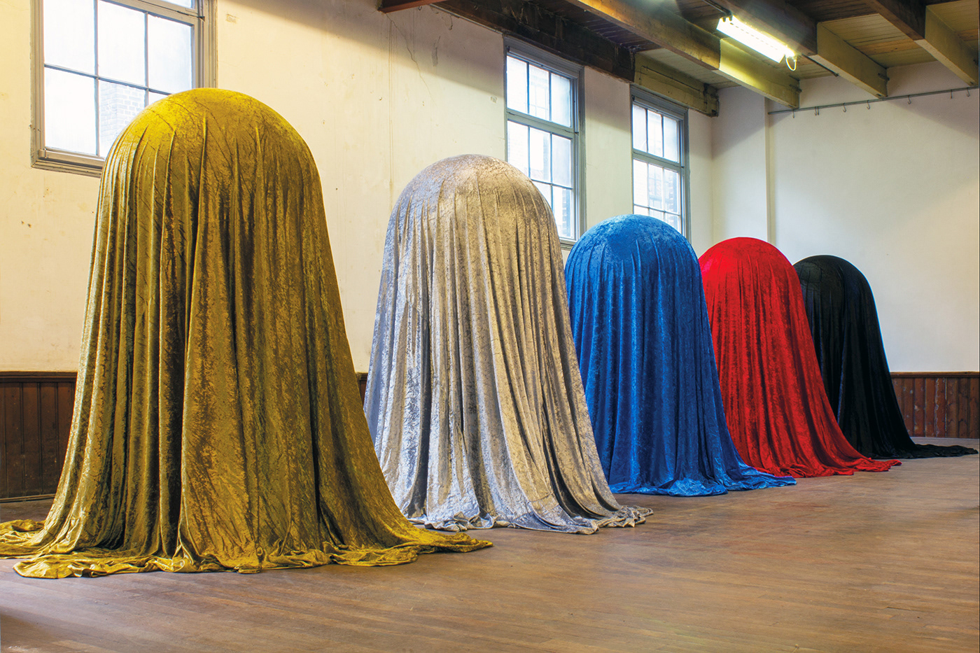 Celestial Bodies at the "S!X"exhibition in the Cogar Factory in Delft, synthetic resin and velours, each 190 x 90 x 90 cm.