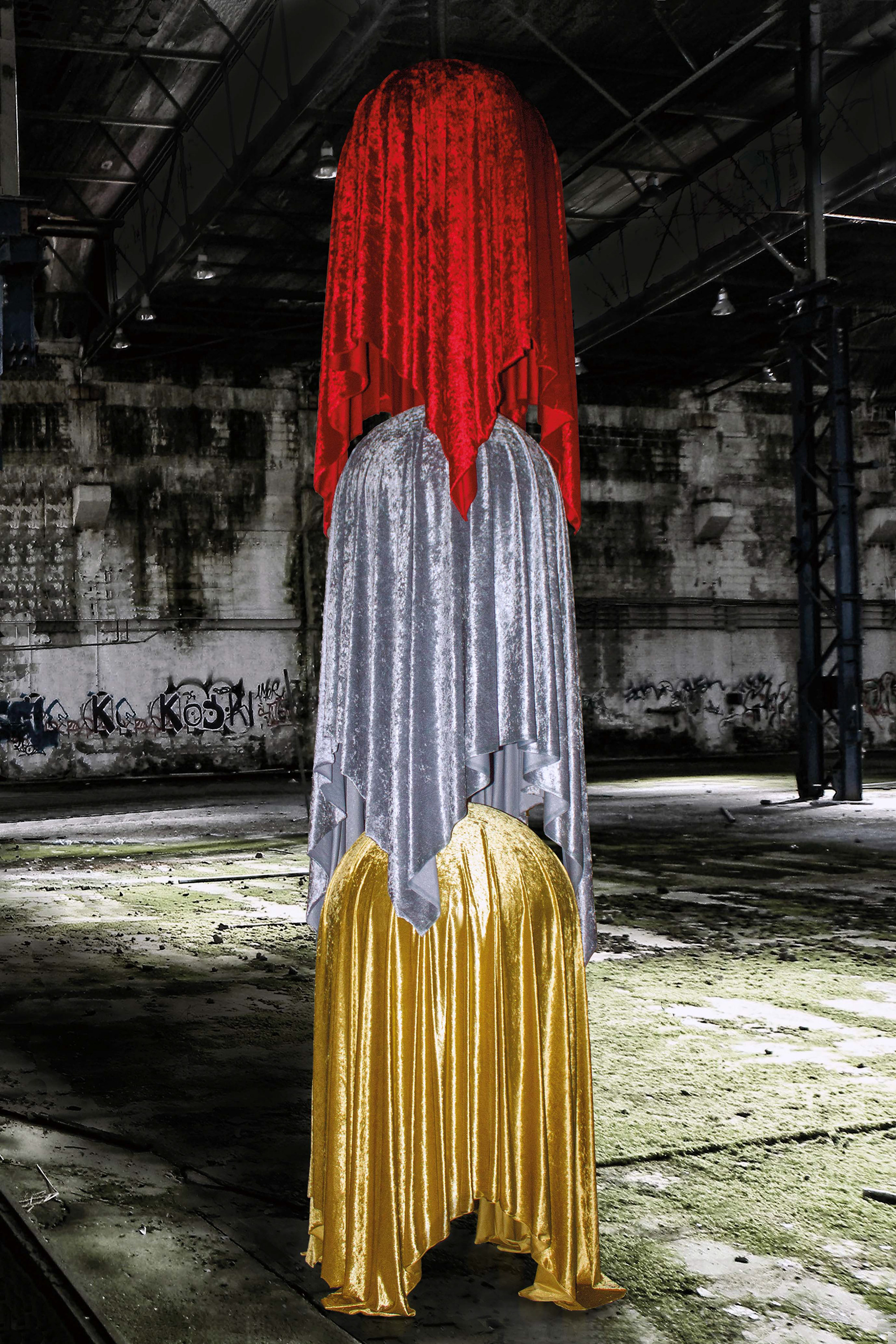 Celestial Bodies. Synthetic resin and velours, 500 x 90 x 90 cm.