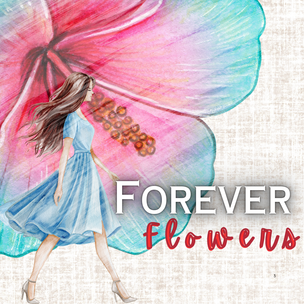 A pastel flower with wind blowing and a girl in a blue dress walking with her hair blowing in the wind.