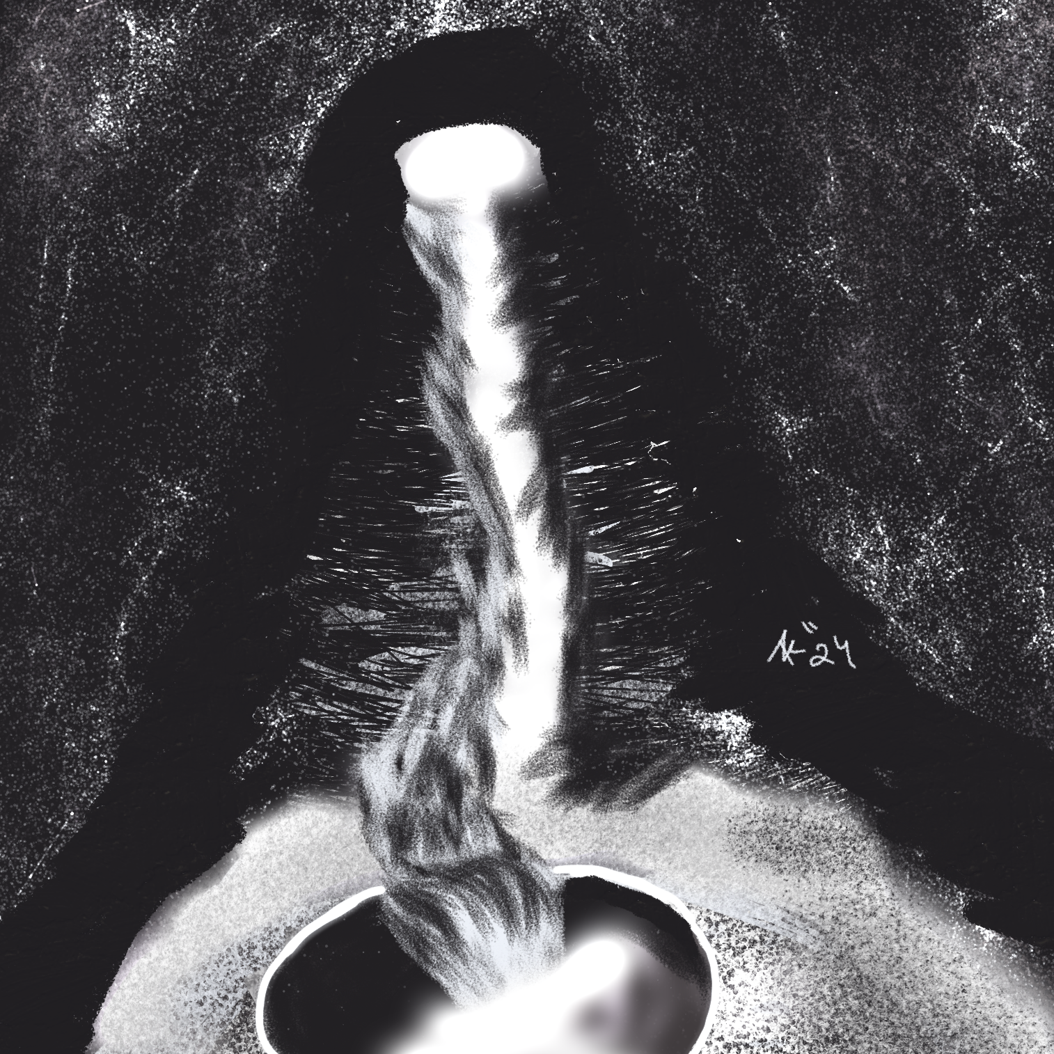 A monochromatic cave with a waterfall pooling into the depths of the abyss.