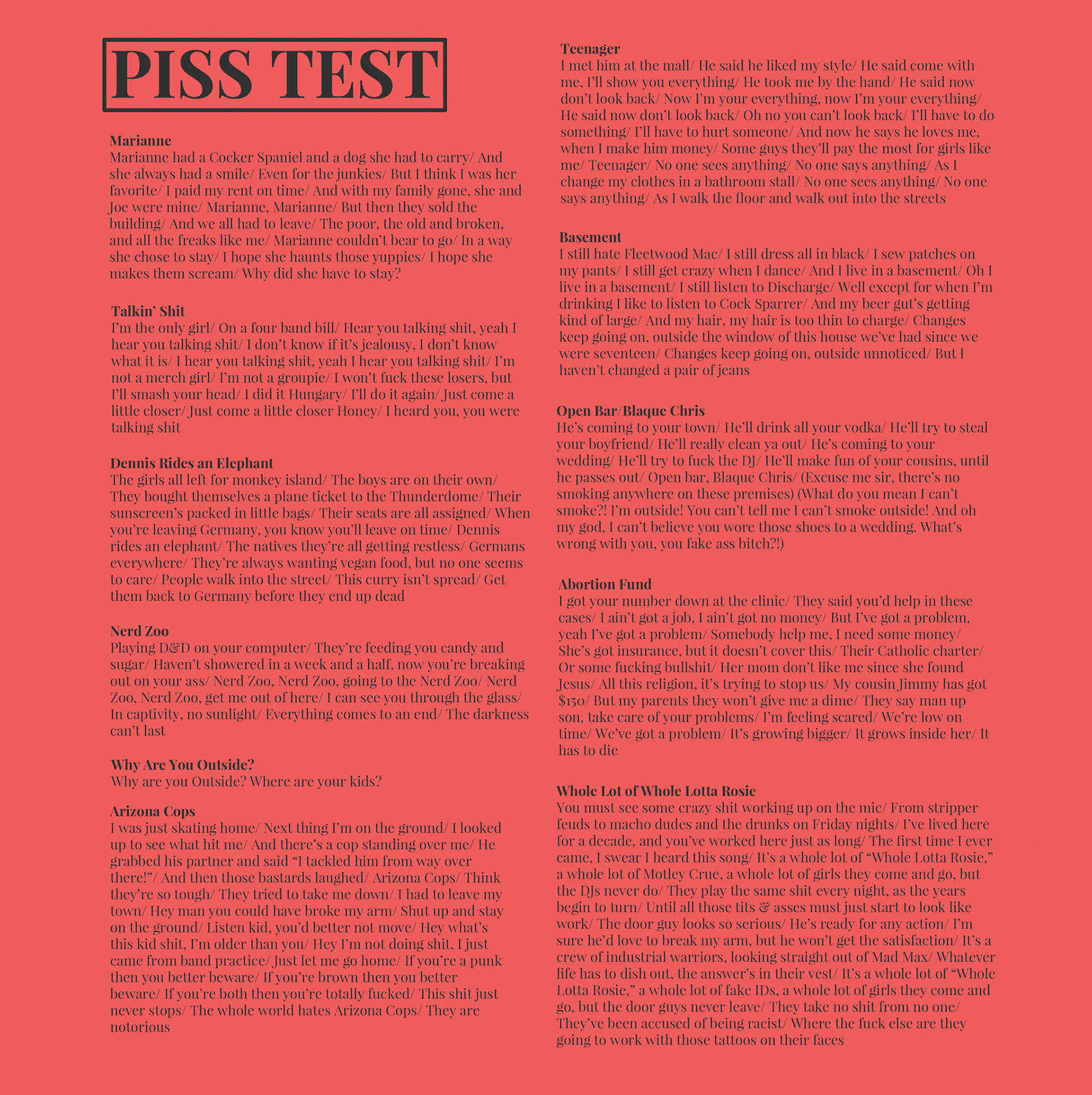 Piss Test - Album Package Design - Lyric Sheet Insert
