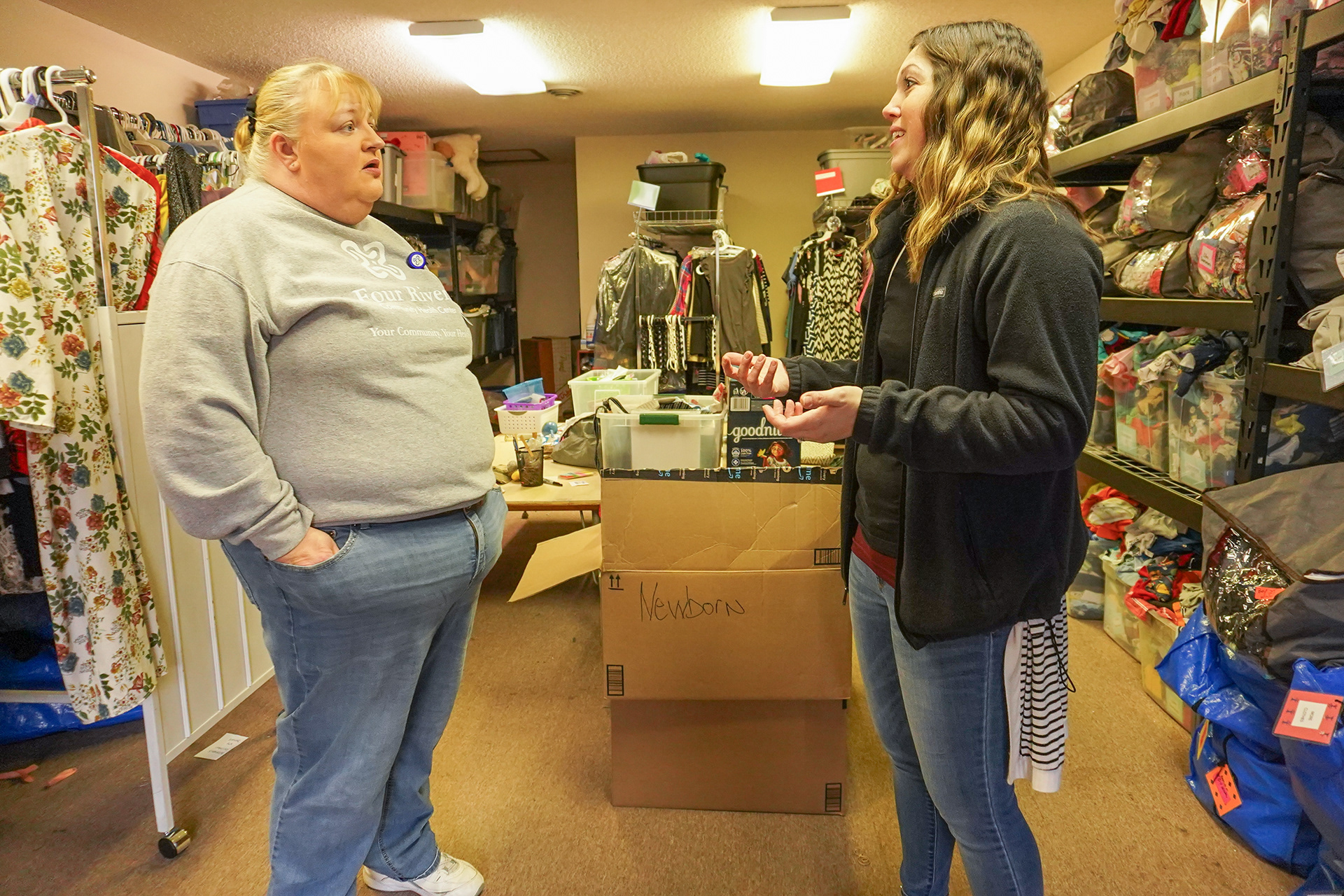 Rowe meets with Anna French, a Four Rivers community health worker to drop up clothing donations on Friday, Jan. 31, 2025, at Abundent Blessings donation center in Rolla, Mo. Sources for Rowe’s donations include local dentist offices, the Amazon surplus store, extra hotel toiletries and more. By the end of the visit, Rowe and French were discussing what supplies Abundent Blessings is short of and how Rowe can help fill that gap.