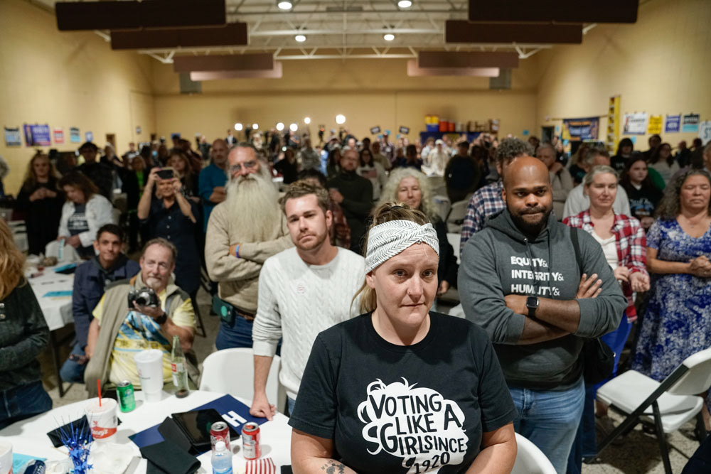 Supporters of Democratic gubernatorial candidate Crystal Quade listen as she gives her concession speech on Tuesday, Nov. 5, 2024, at Teamsters Hall in Springfield, Mo. Quade ultimately lost to Republican candidate Mike Kehoe.