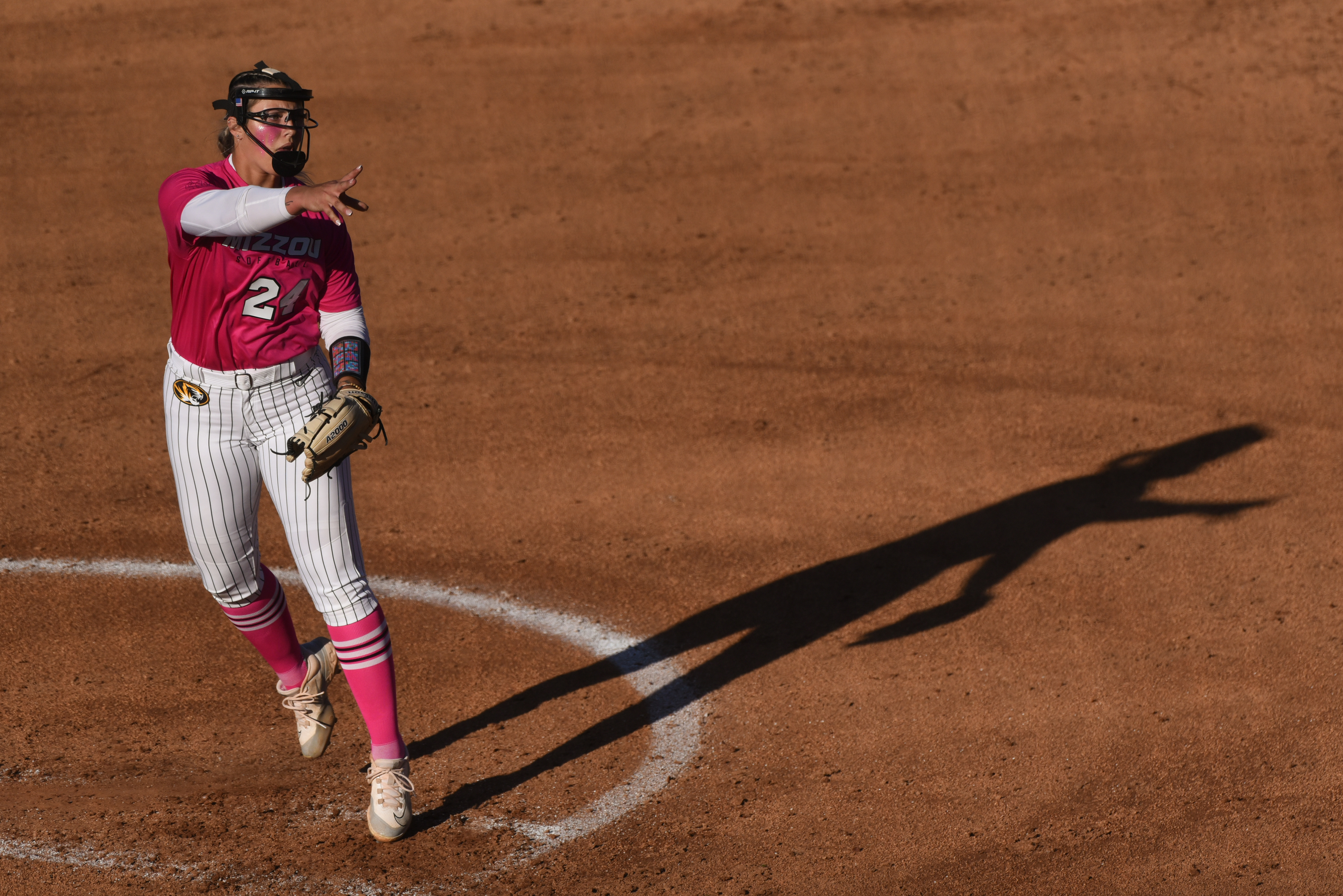 Mizzou starting pitcher Laurin Krings throws a pitch on Friday, April 12, 2024 at Mizzou Softball Stadium, in Columbia, Mo. Krings gave up three runs on six hits in four innings.