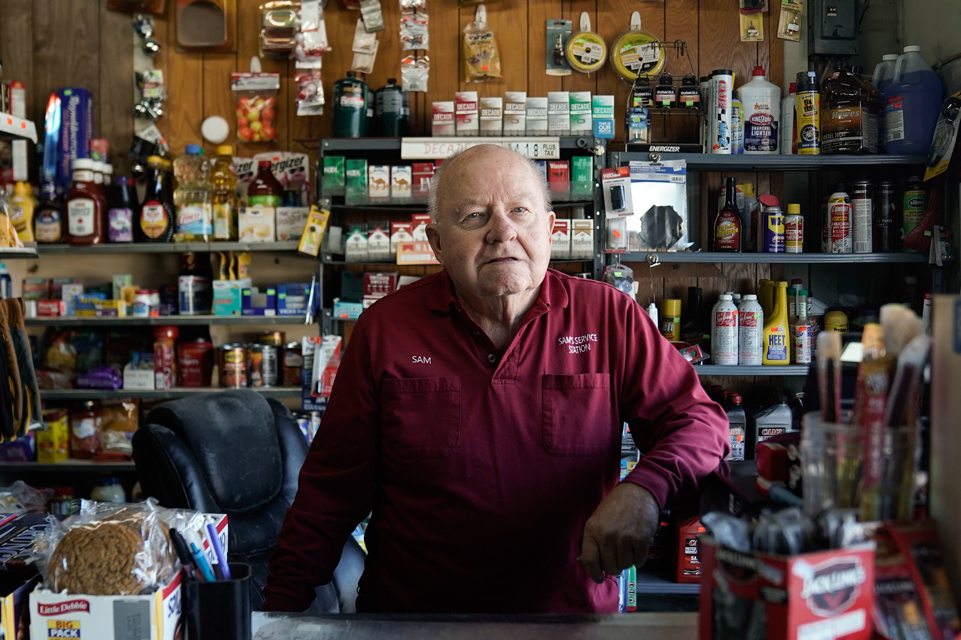 The titular Sam Birk of Sam’s Service Station poses for a portrait inside the store. Sam has been a Morrison resident since birth. Having been raised in the Shobe-Morrison House, a historical house from the origins of the town in 1828. Birk worked at John Deere before buying the gas station in July of 1989 and selling it this past June. Only a few months into retirement, Sam decided to go back to working twice a week under the new owners, the Millers. “Morrison means everything to me. I’ve spent my lifetime here.”