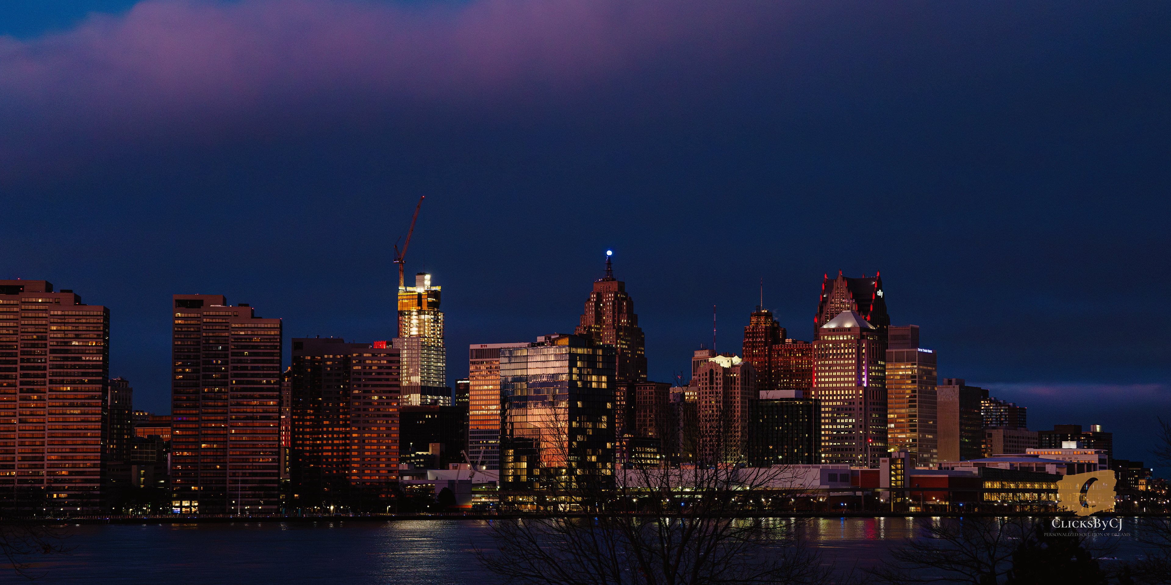 Sunset Of Detroit Skyline, USA from Windsor, ON; Feb 2, 2024
