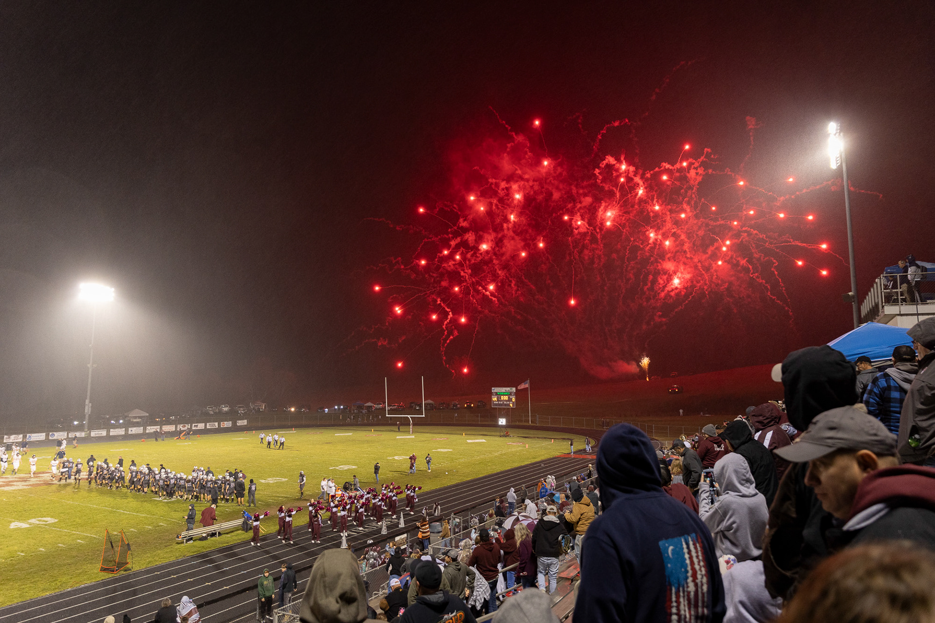 Fireworks explode over the Vinton County High School football field in McArthur, Ohio, Oct. 20, 2023, in celebration of the team's ninth consecutive win. With their win against Wellston, the Vikings will be able to move on to the 2023 OHSAA High School Football Playoff against Gallia Academy on October 27.